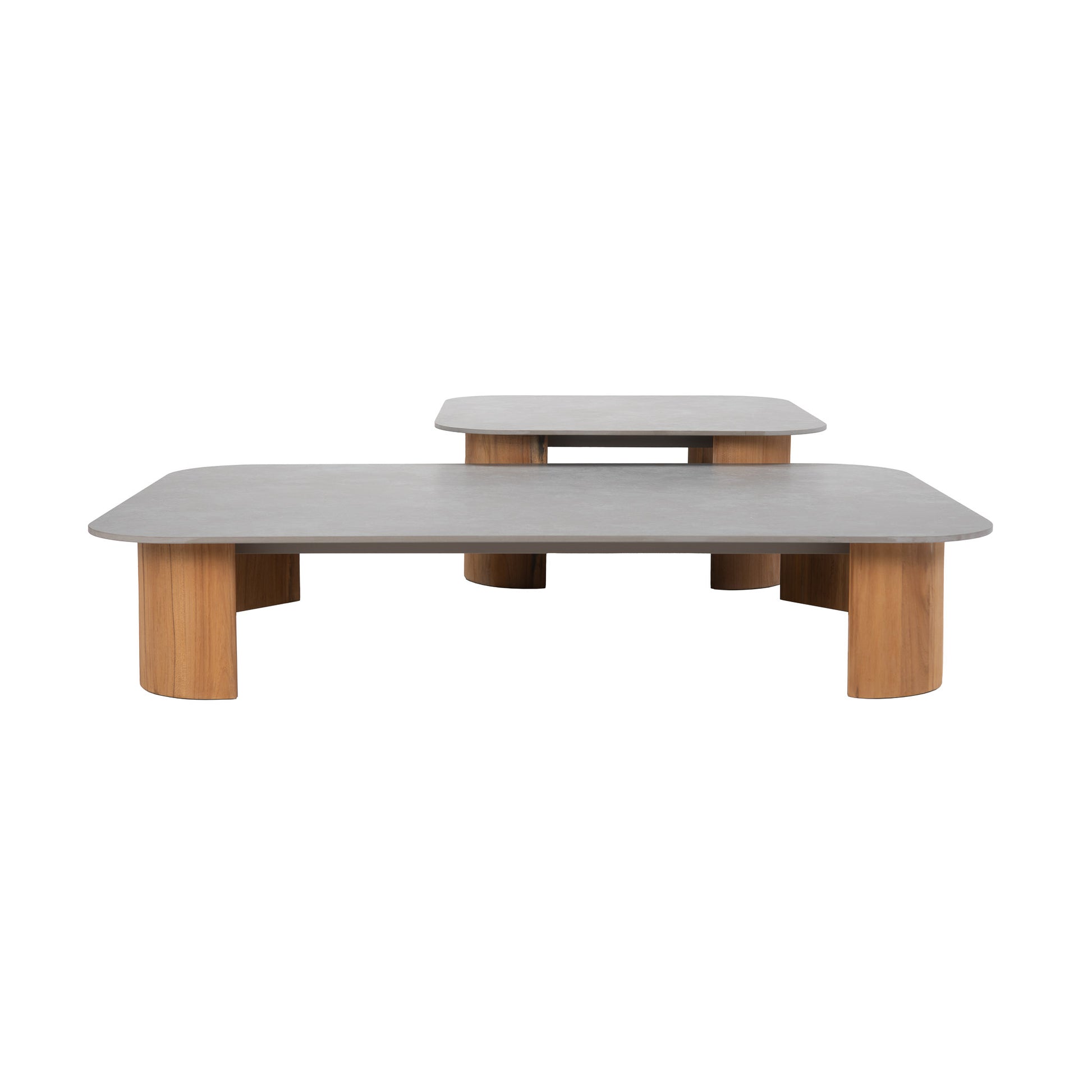 Rectangular and a smaller square teak coffee tables with teak legs and sintered stone tops. 