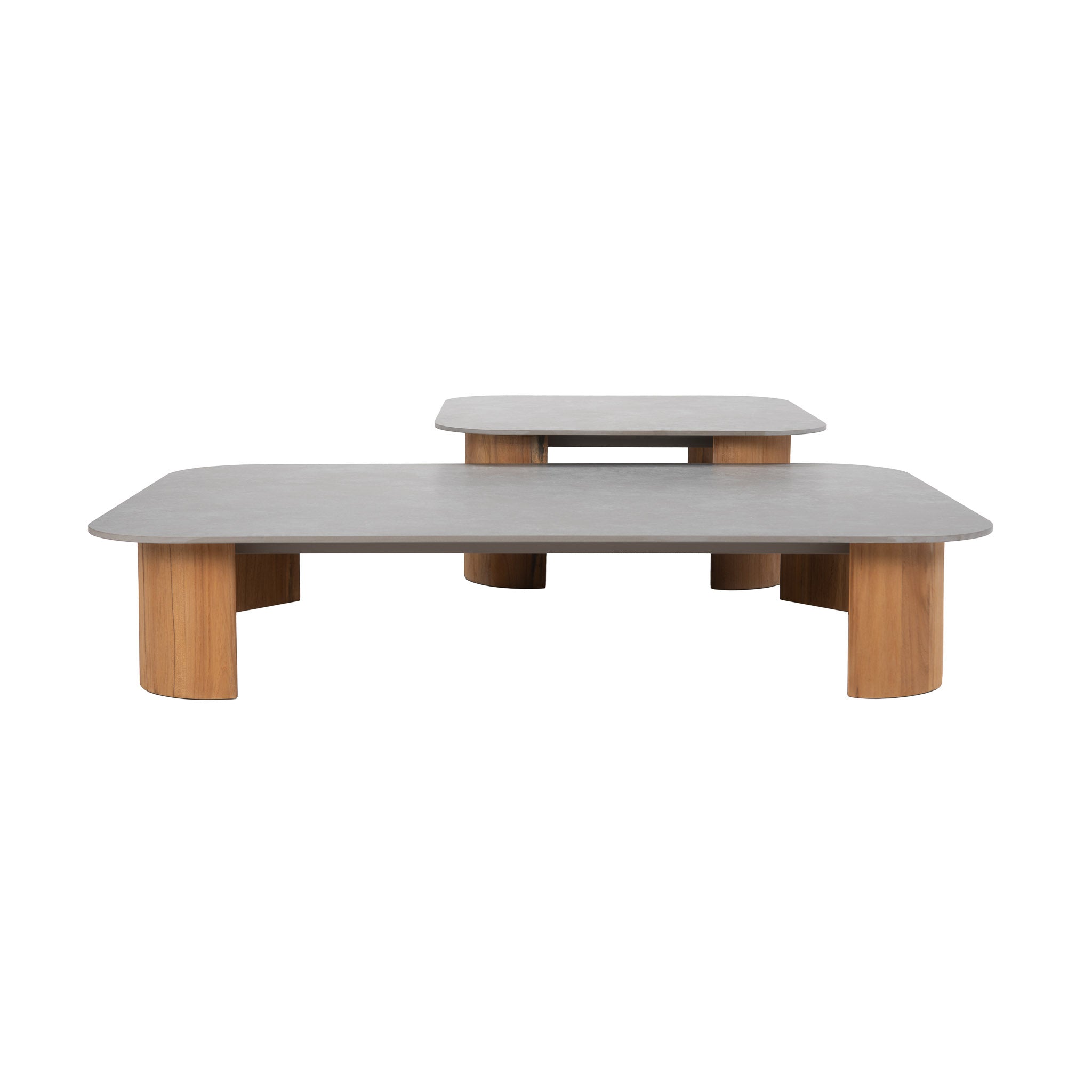 Rectangular and a smaller square teak coffee tables with teak legs and sintered stone tops. 