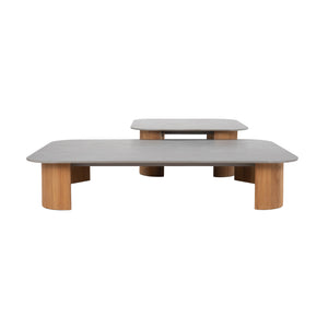 Rectangular and a smaller square teak coffee tables with teak legs and sintered stone tops. 