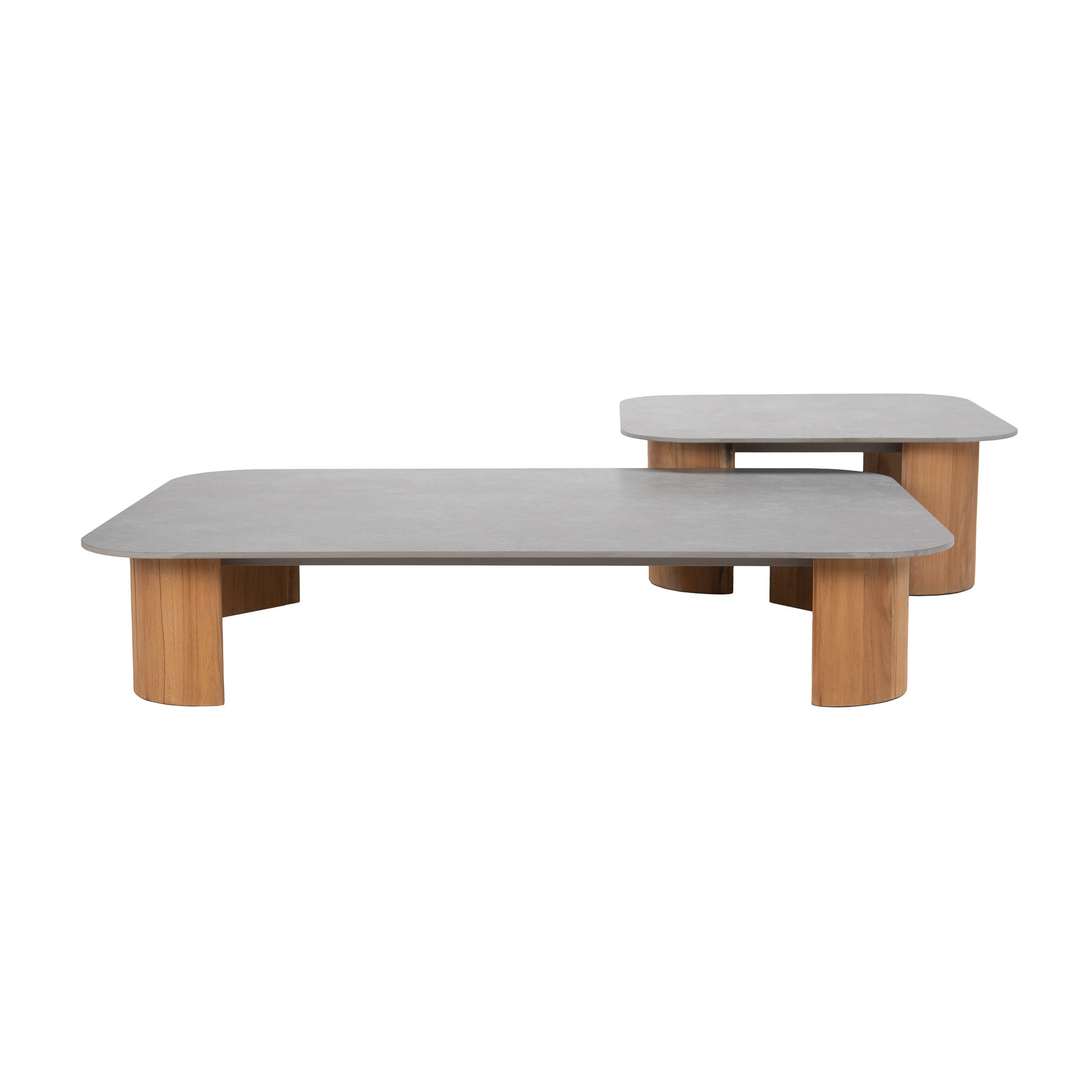 Rectangular and a smaller square teak coffee tables with teak legs, sintered stone tops. 