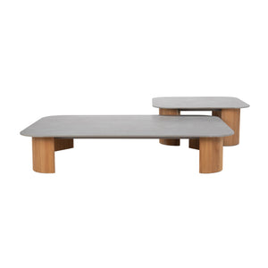 Rectangular and a smaller square teak coffee tables with teak legs, sintered stone tops. 
