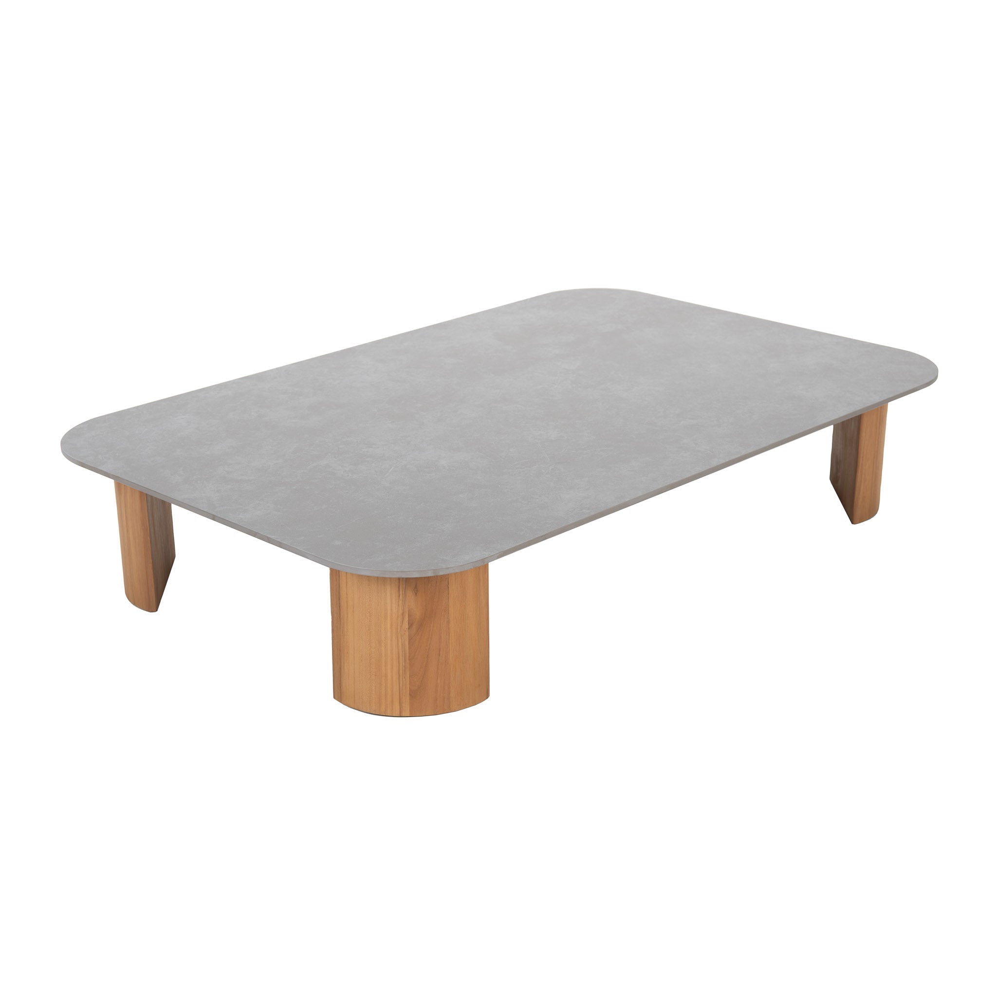 Front top view Larvotto teak rectangular coffee table with sintered stone top. 