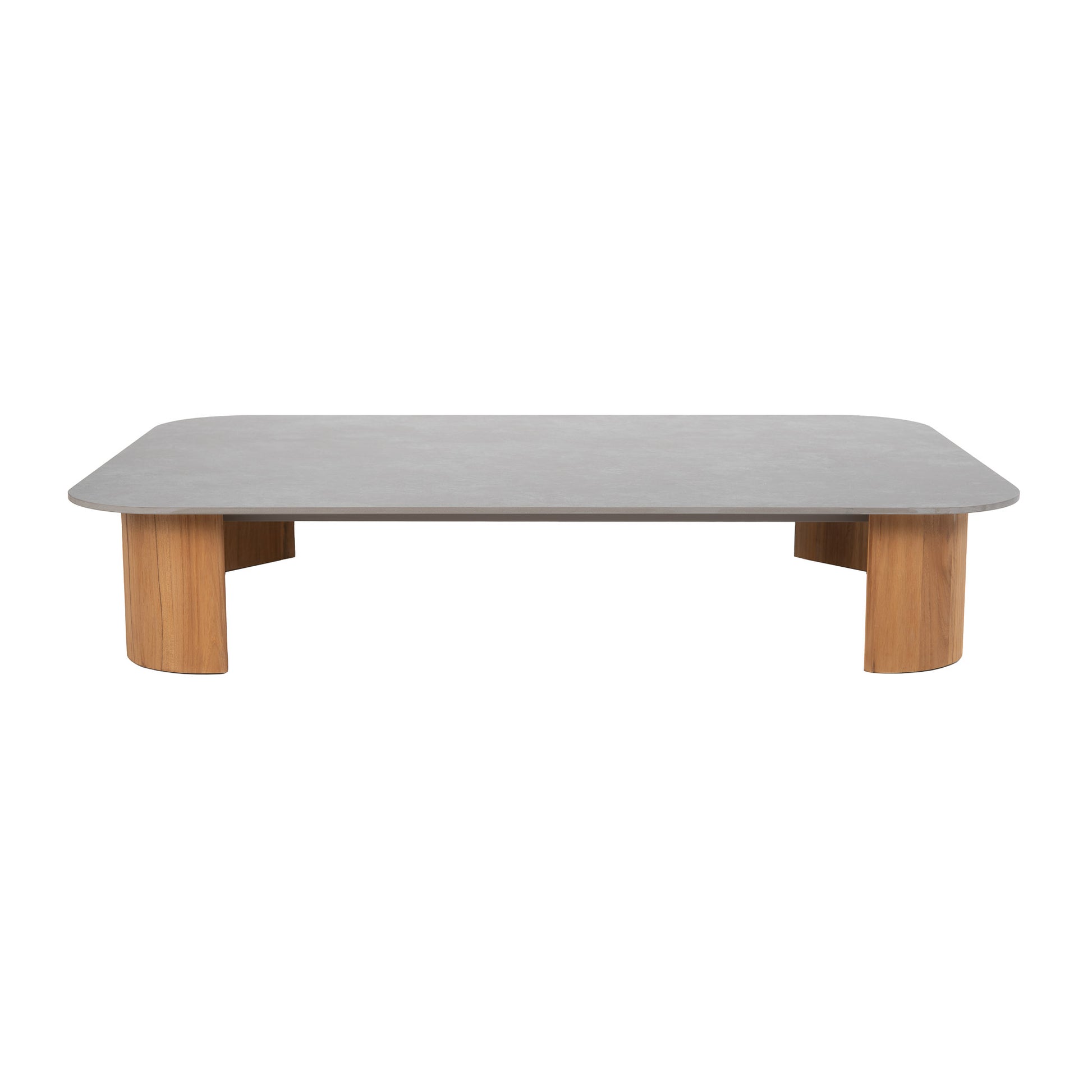 Front view Larvotto teak rectangular coffee table with sintered stone top. 