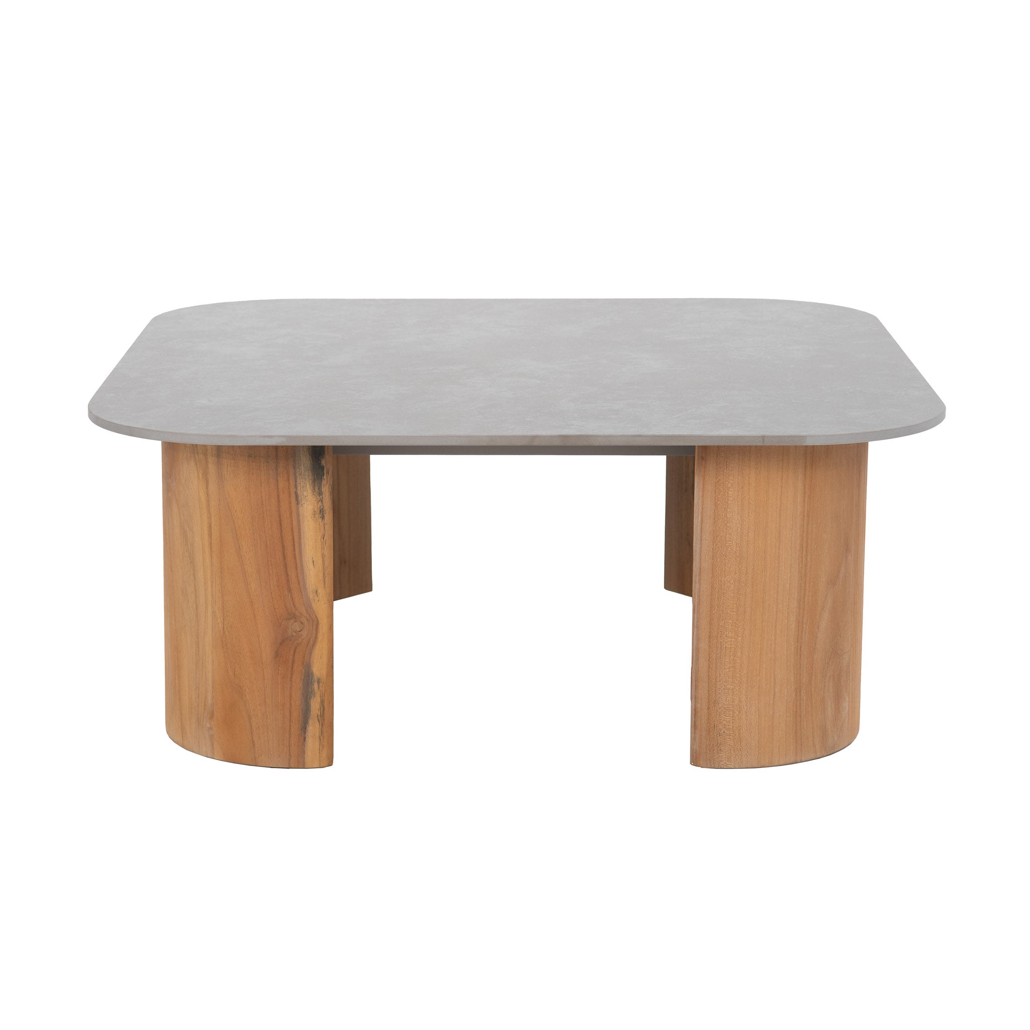 Front view of Larvotto teak square coffee table.