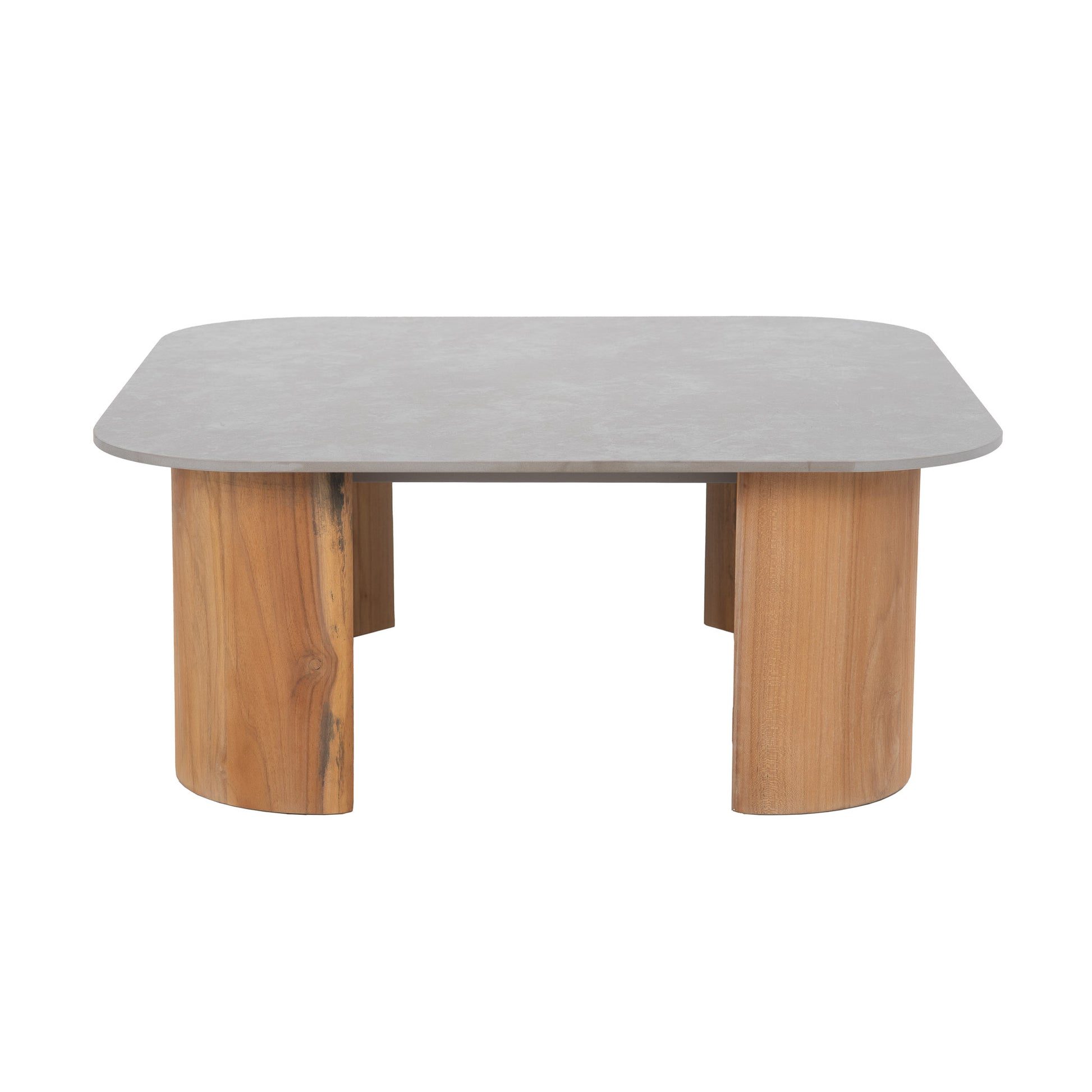 Front view of Larvotto teak square coffee table.