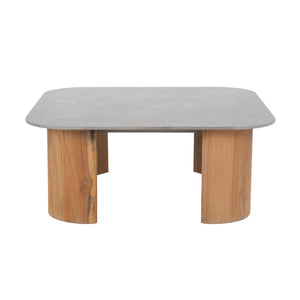 Front view of Larvotto teak square coffee table.