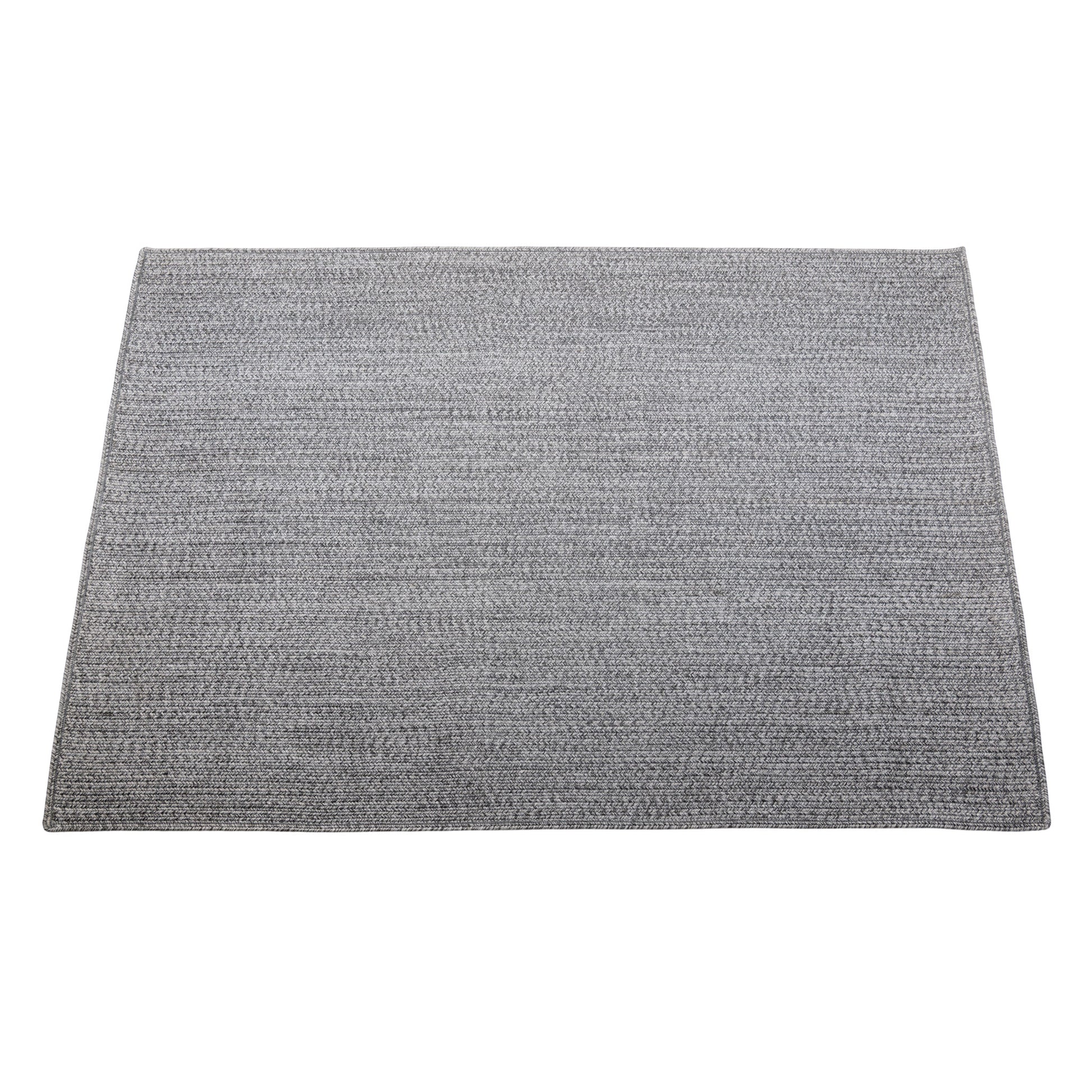 Dark and light grey Linda outdoor handwoven rug full view with white background.