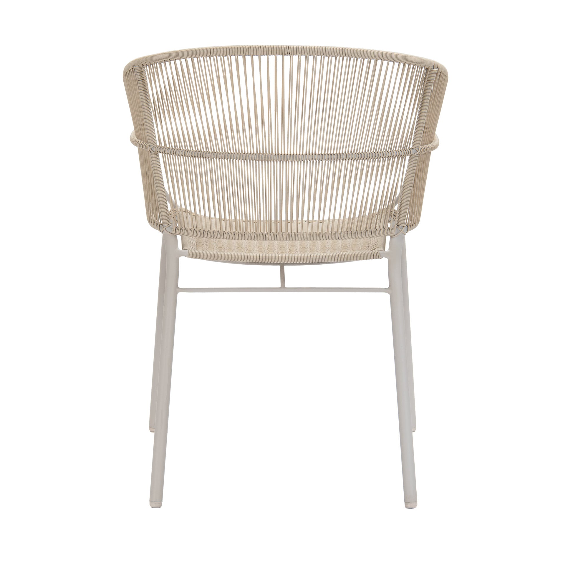 Louis outdoor wicker dining armchair in a linen colour way. Rear view.