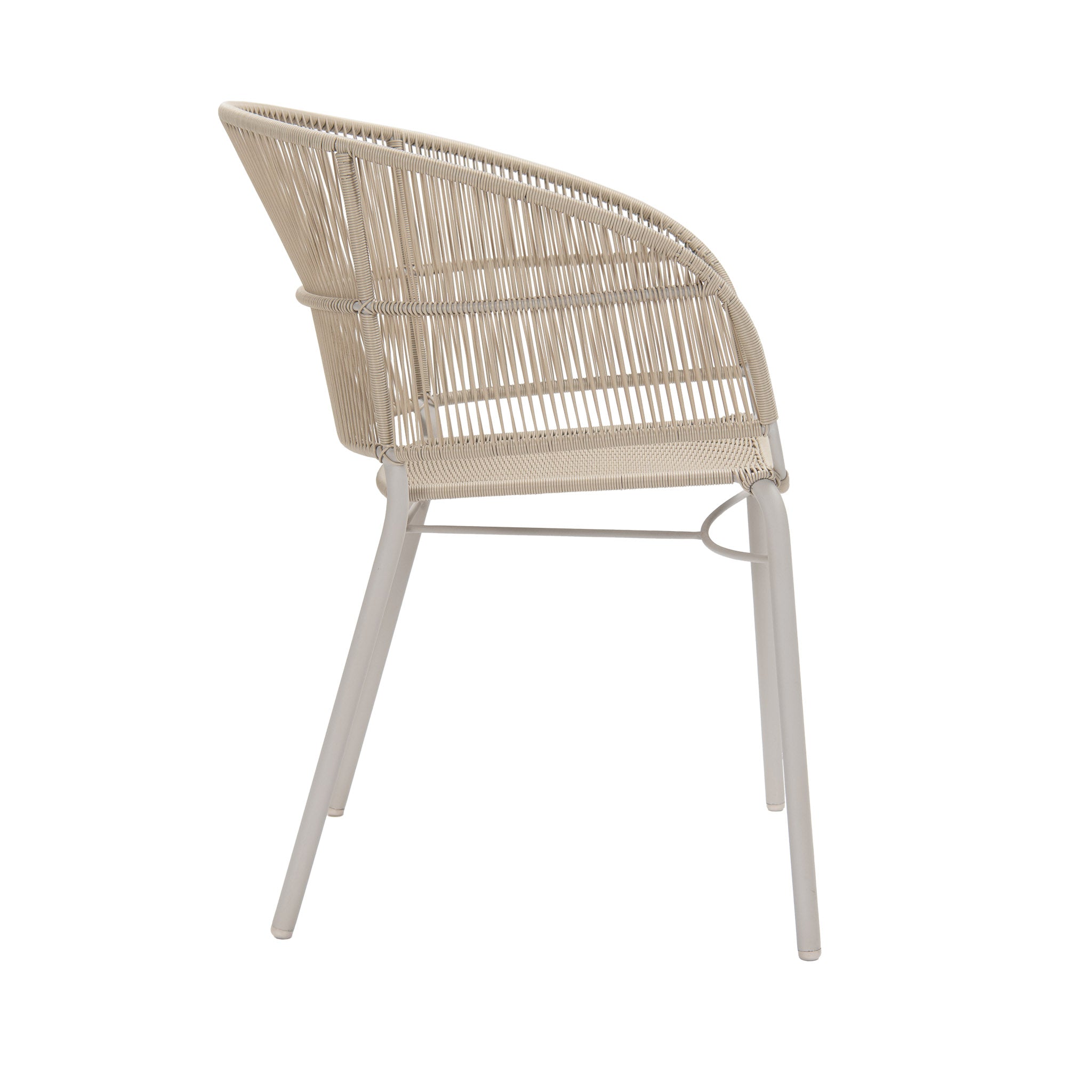 Louis outdoor wicker dining armchair in a linen colour way. Side view.