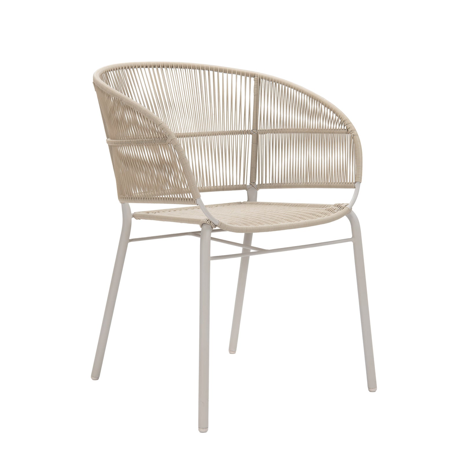 Louis outdoor wicker dining armchair in a linen colour way. Front angle view.