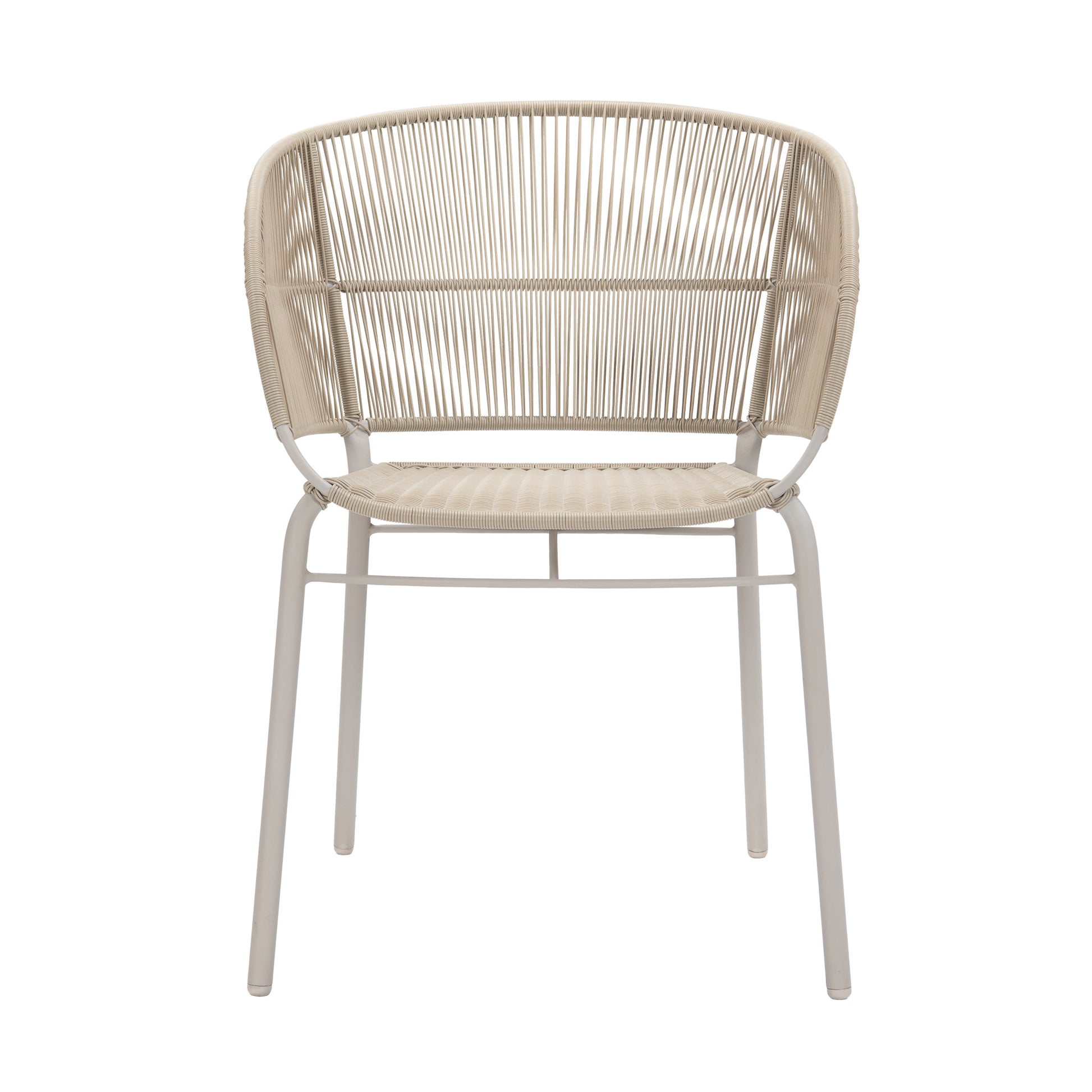 Louis outdoor wicker dining armchair in a linen colour way. Front view.