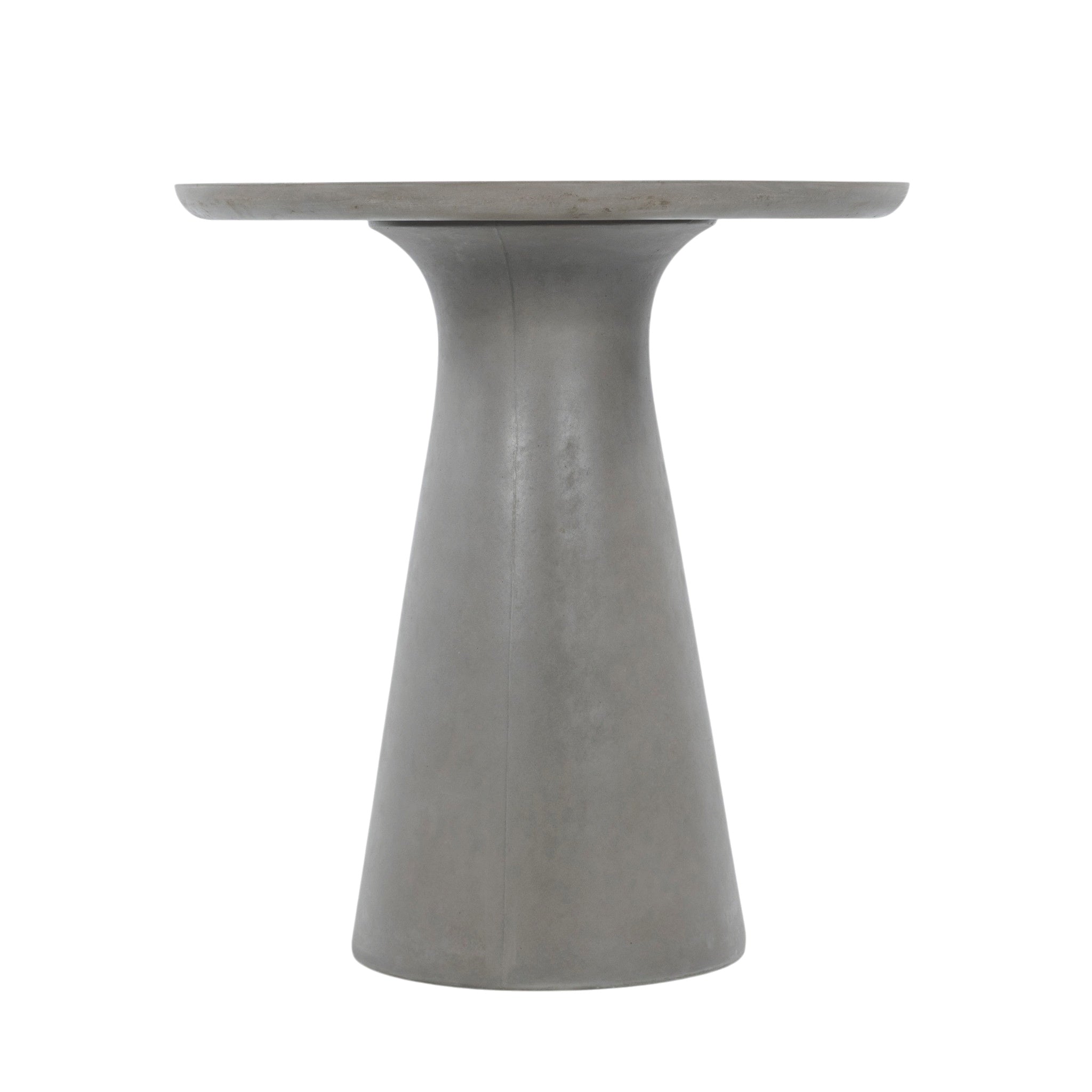 Madrid Outdoor Bar Table in grey GFRC concrete with round tabletop and tapered pedestal base. Straight view.