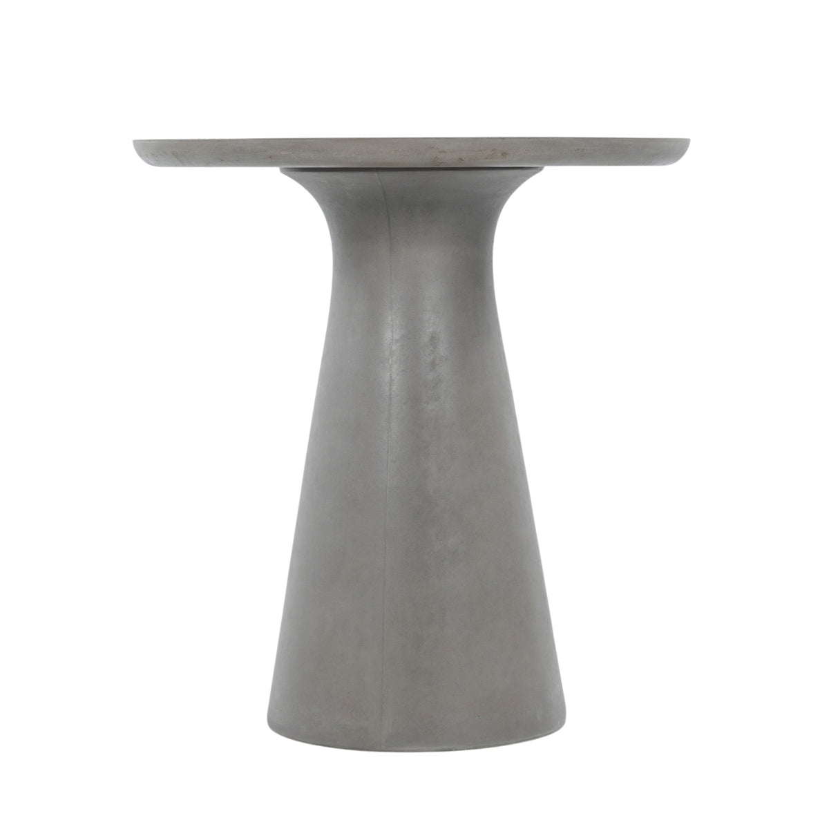 Madrid Outdoor Bar Table in grey GFRC concrete with round tabletop and tapered pedestal base. Straight view.