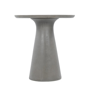 Madrid Outdoor Bar Table in grey GFRC concrete with round tabletop and tapered pedestal base. Straight view.