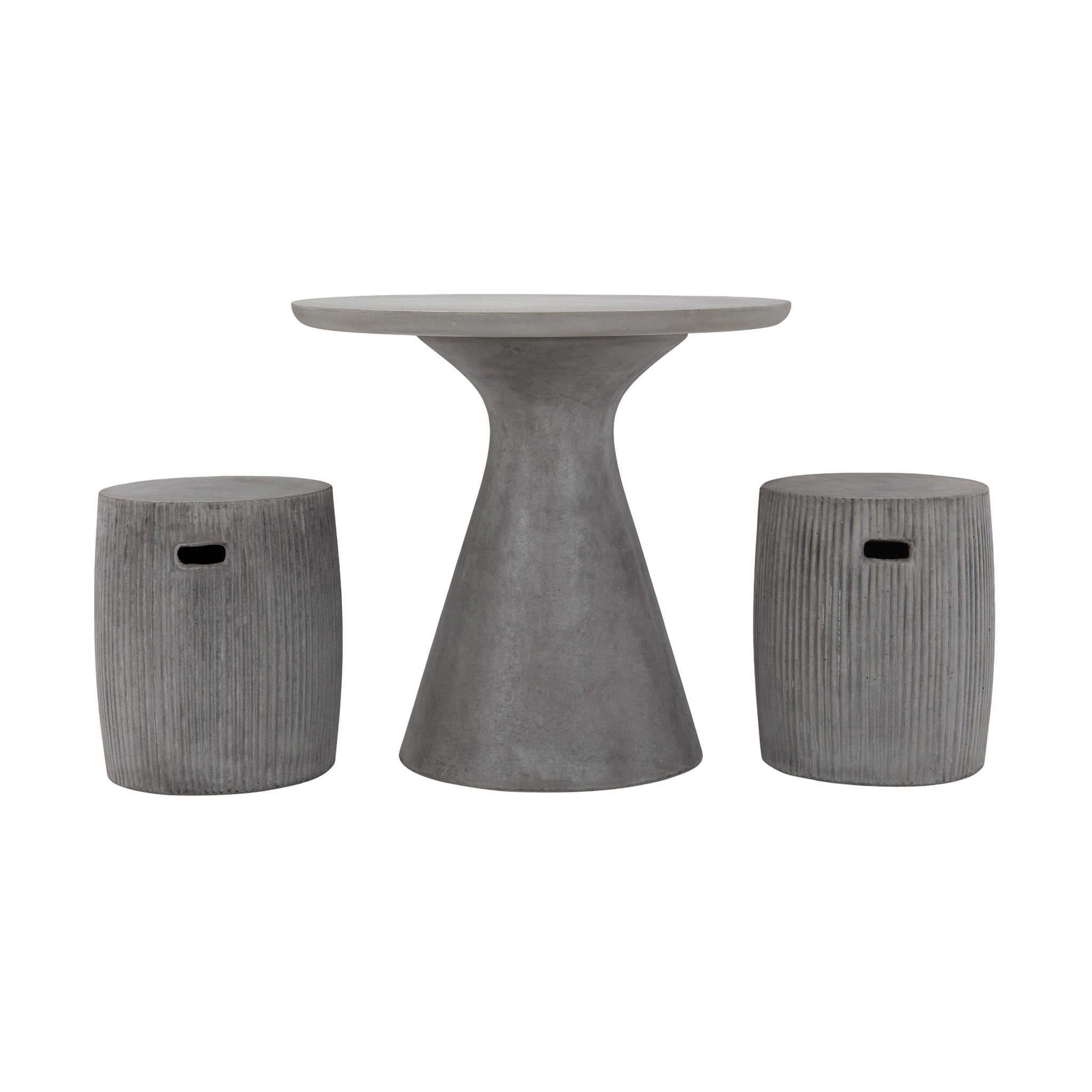 Madrid outdoor round outdoor dining table with two Toulon concrete stools with hand recess