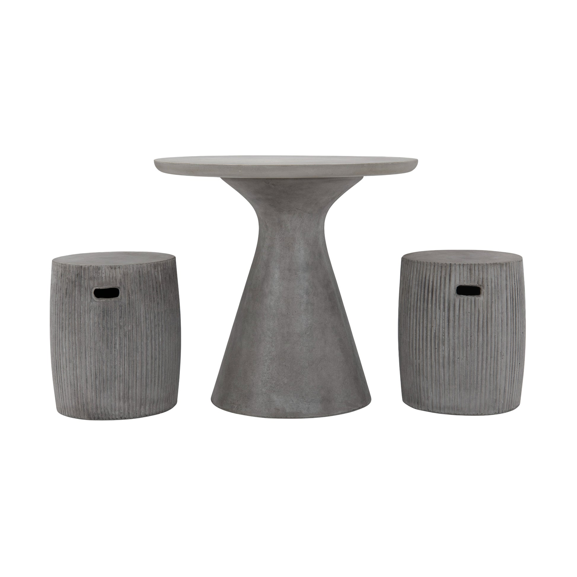 Madrid outdoor round outdoor dining table with two Toulon concrete stools with hand recess