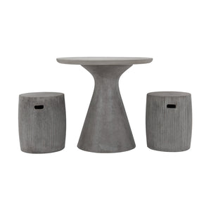 Madrid outdoor round outdoor dining table with two Toulon concrete stools with hand recess