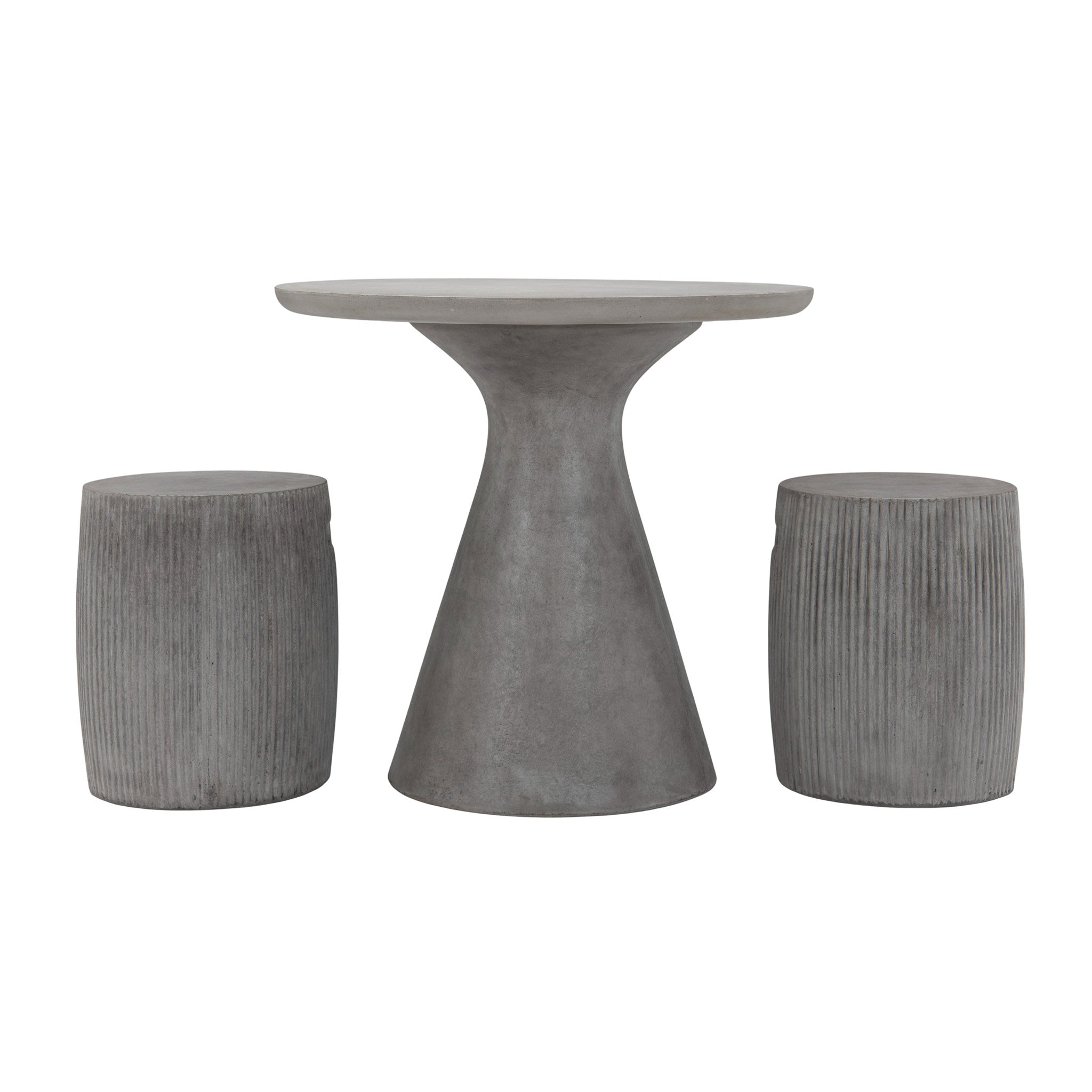 Madrid outdoor round outdoor dining table with two Toulon concrete stools