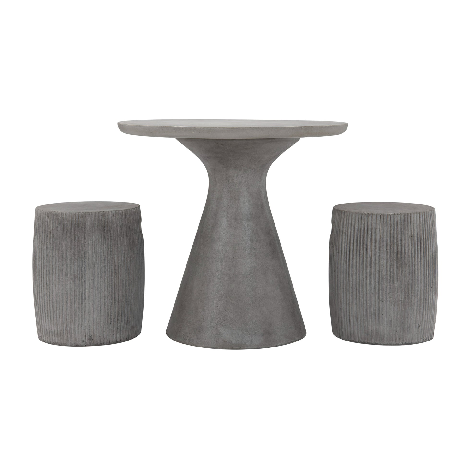 Madrid outdoor round outdoor dining table with two Toulon concrete stools
