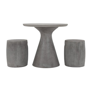 Madrid outdoor round outdoor dining table with two Toulon concrete stools