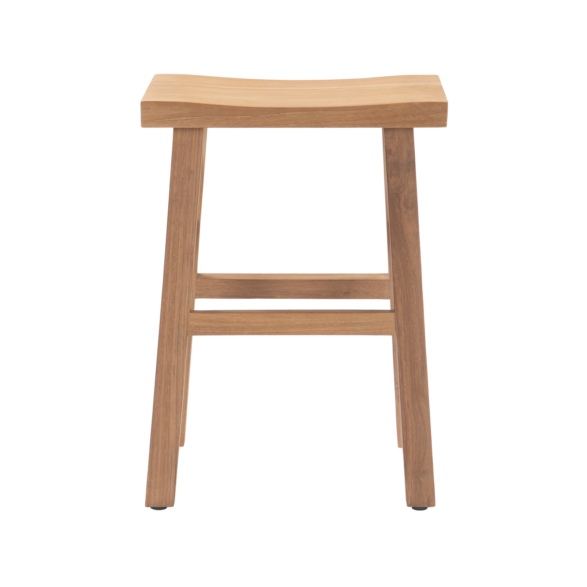 Maid teak counter-height bar stool. Front facing in white background.