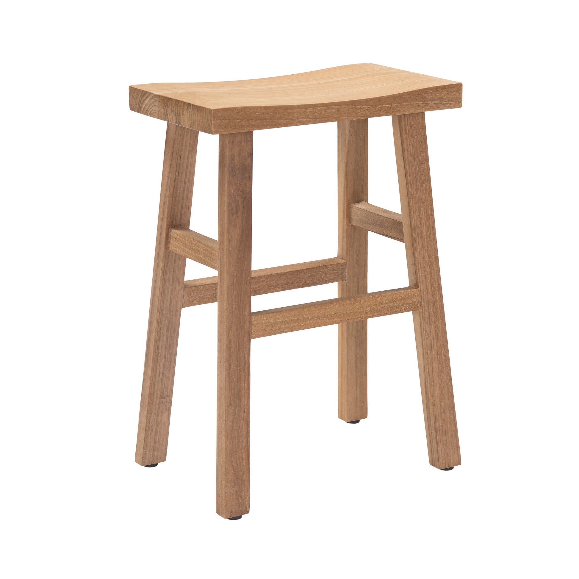 Front angle view of Maid teak counter-height bar stool.