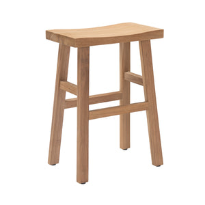 Front angle view of Maid teak counter-height bar stool.