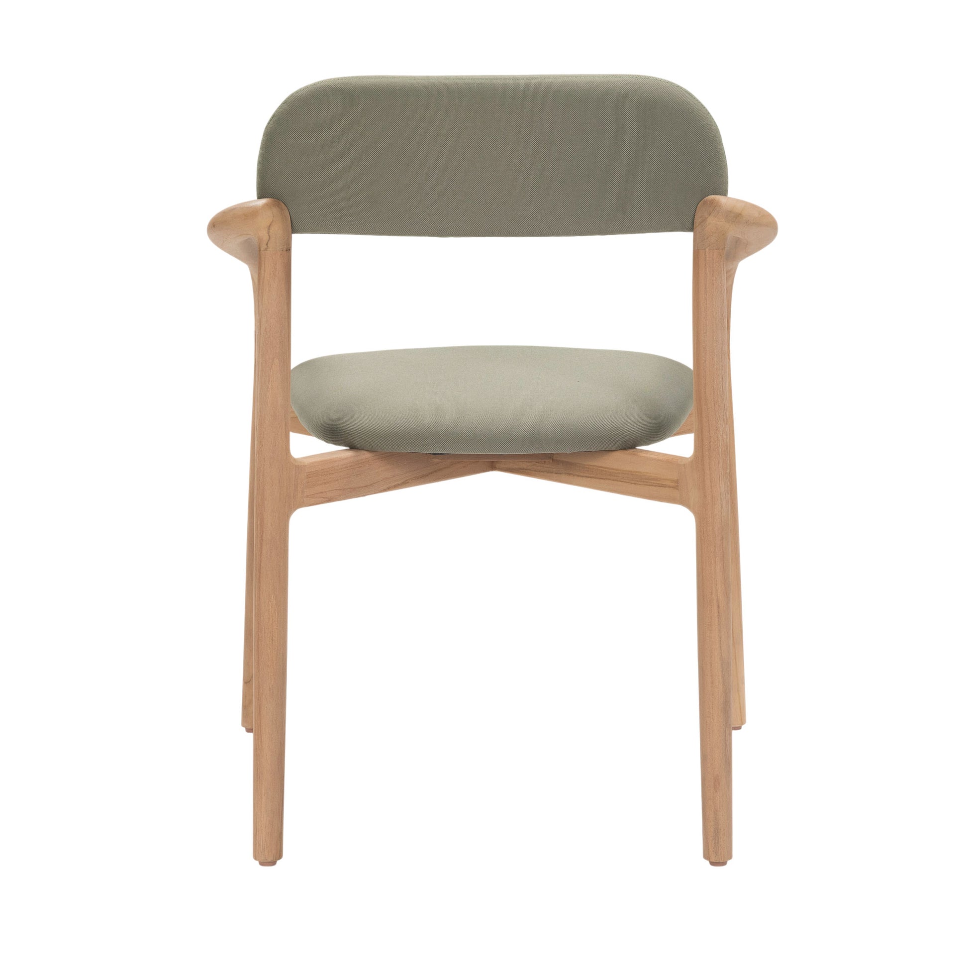 Back view of Marco Outdoor Dining Chair with teak structure and Alga fabric cushions