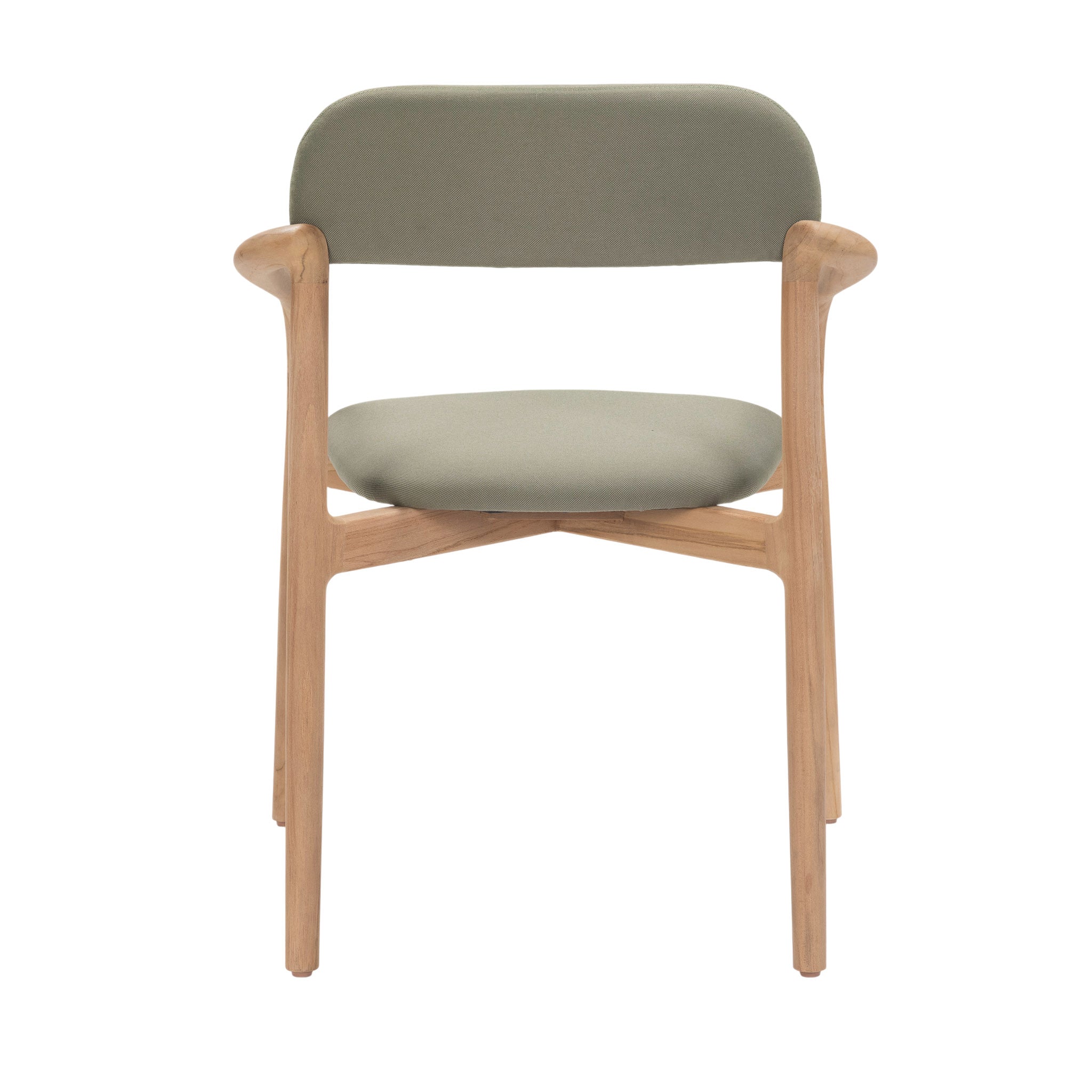 Back view of Marco Outdoor Dining Chair with teak structure and Alga fabric cushions