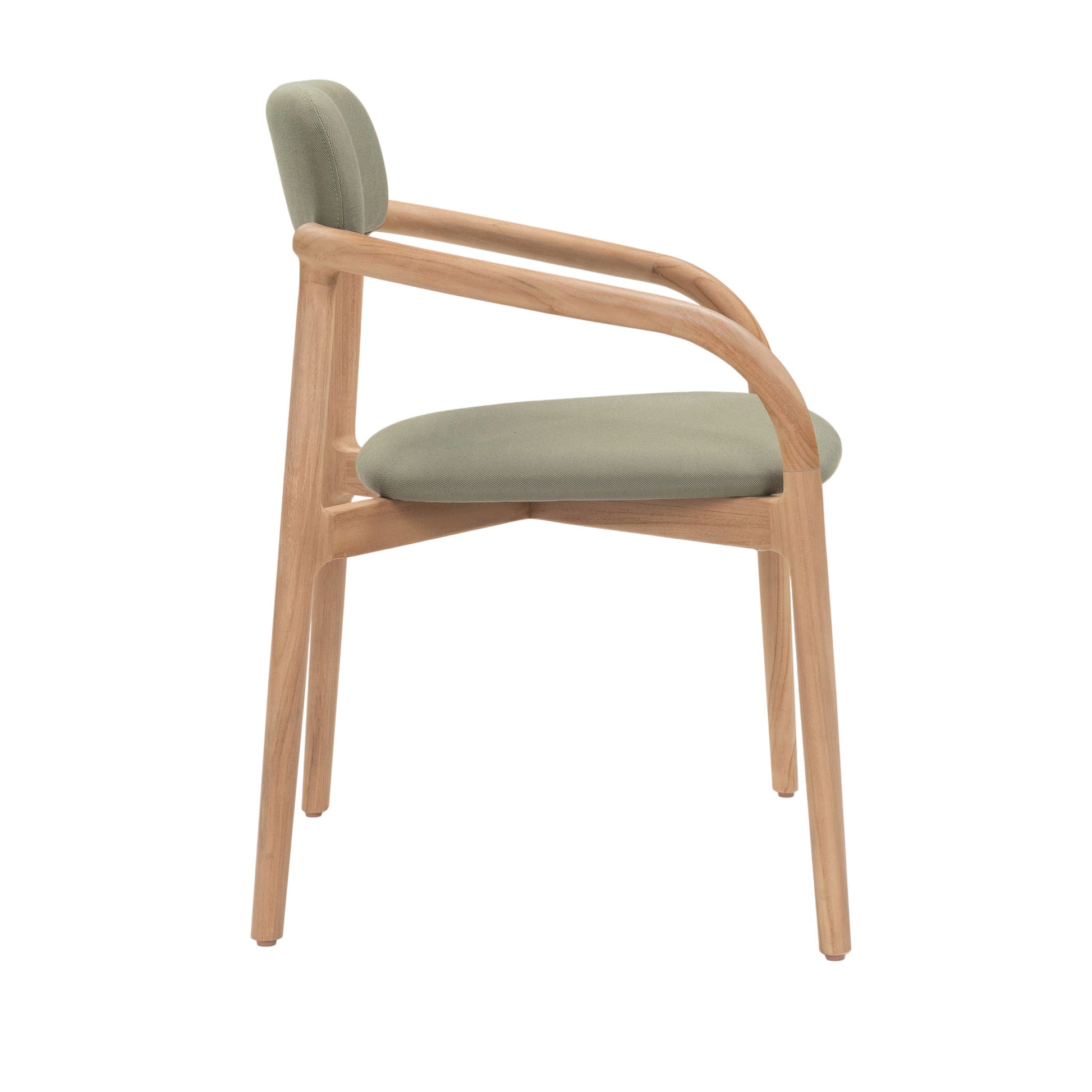 Side view of Marco Teak Armchair showing sculpted frame and soft green upholstery