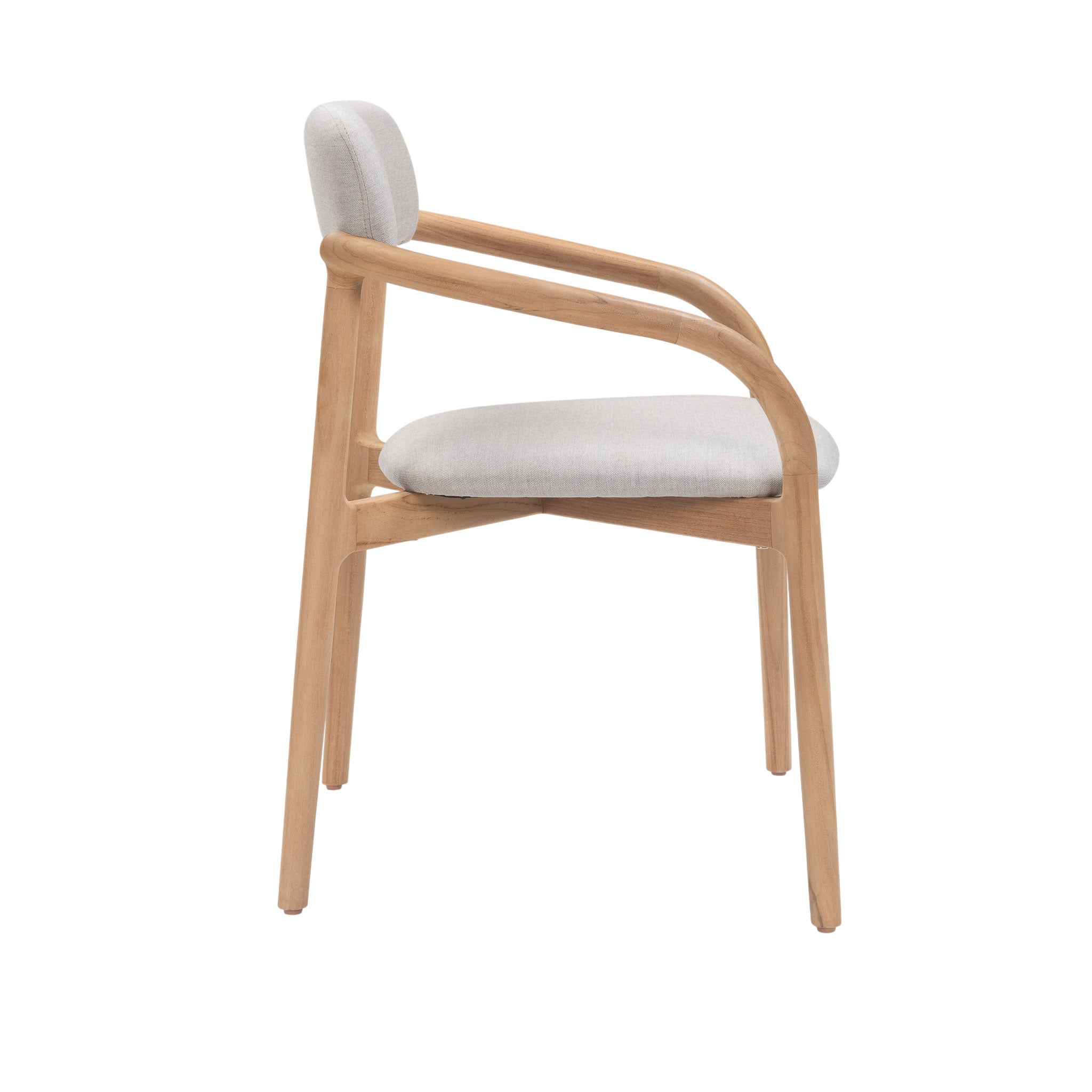 Side view of Marco Teak Dining Armchair highlighting sculpted teak arms and angled legs