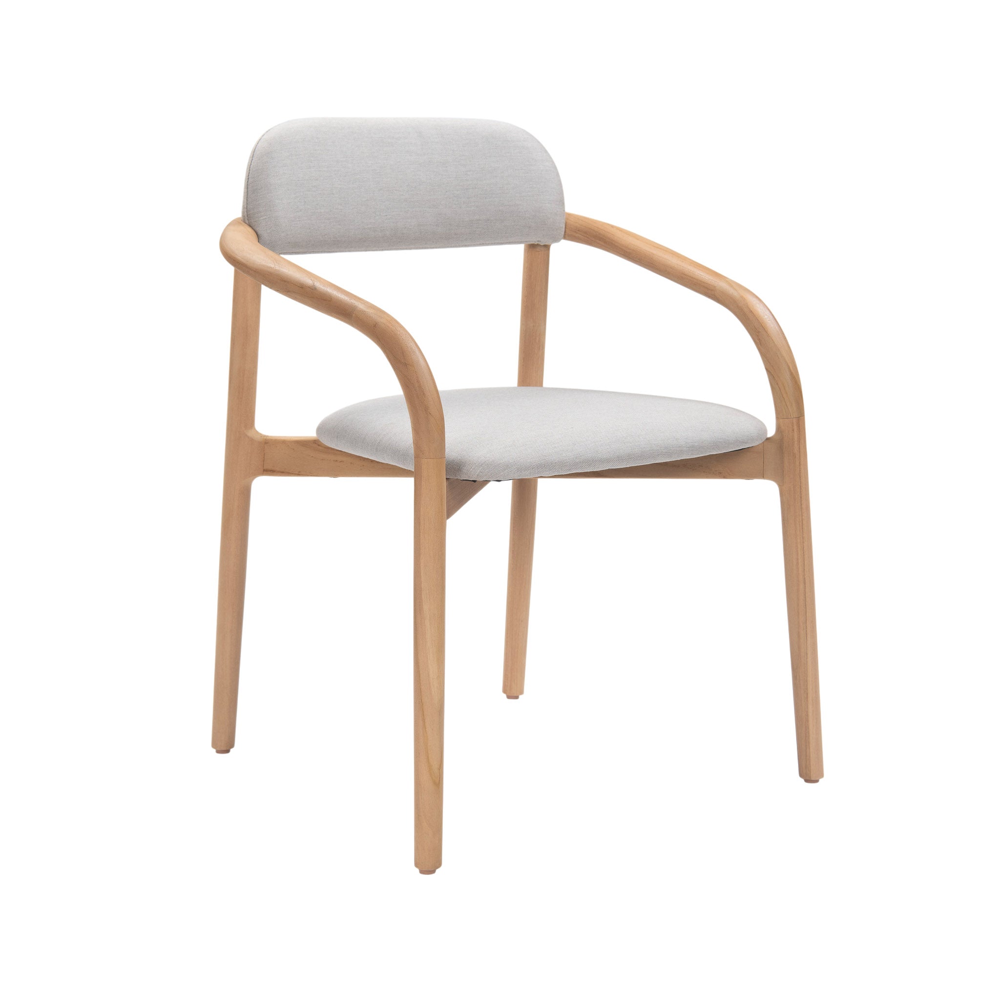 Angled front view of Marco Teak Outdoor Dining Armchair with Fossil cushions and curved teak frame