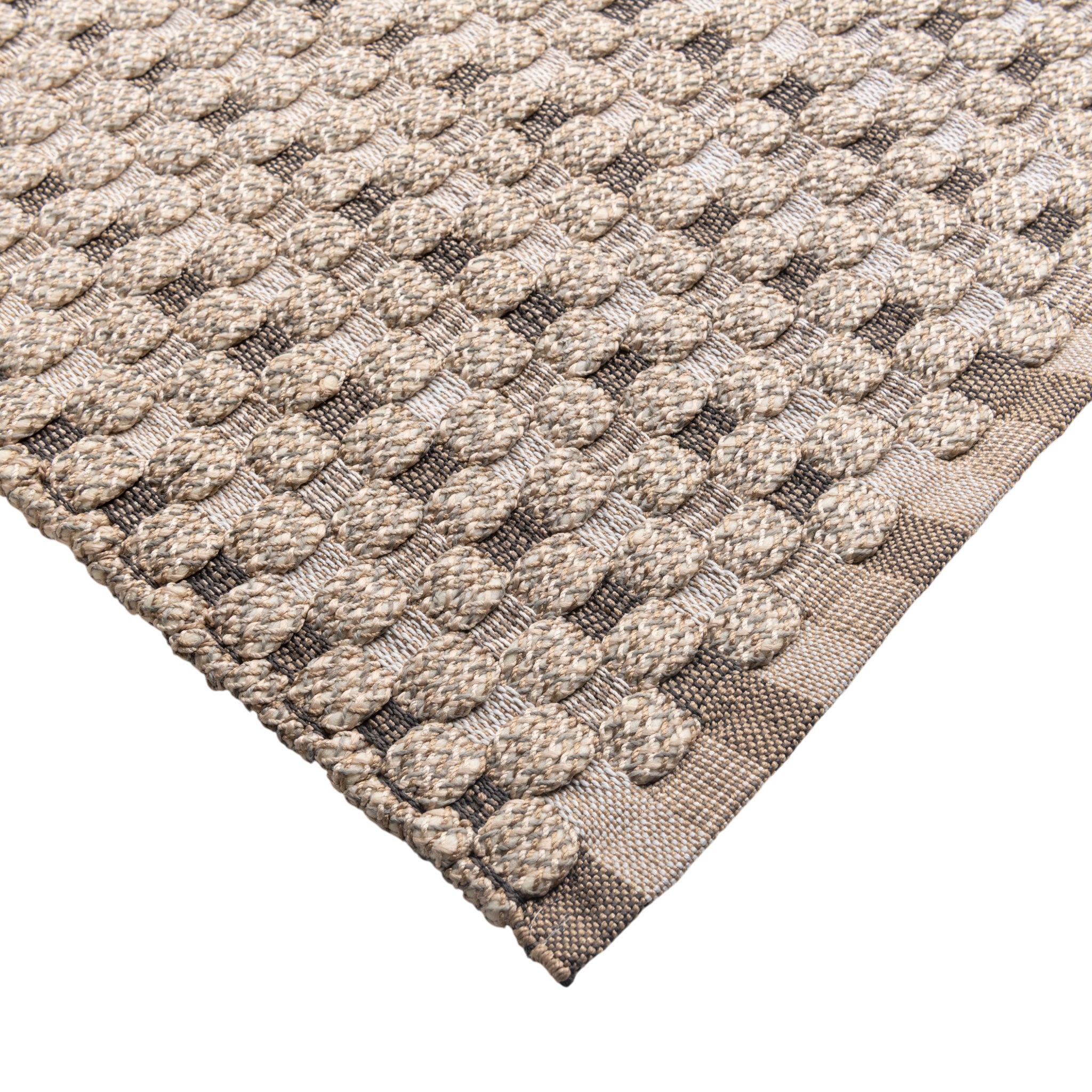 Close-up of a textured beige and brown rug with a geometric pattern on a white background.