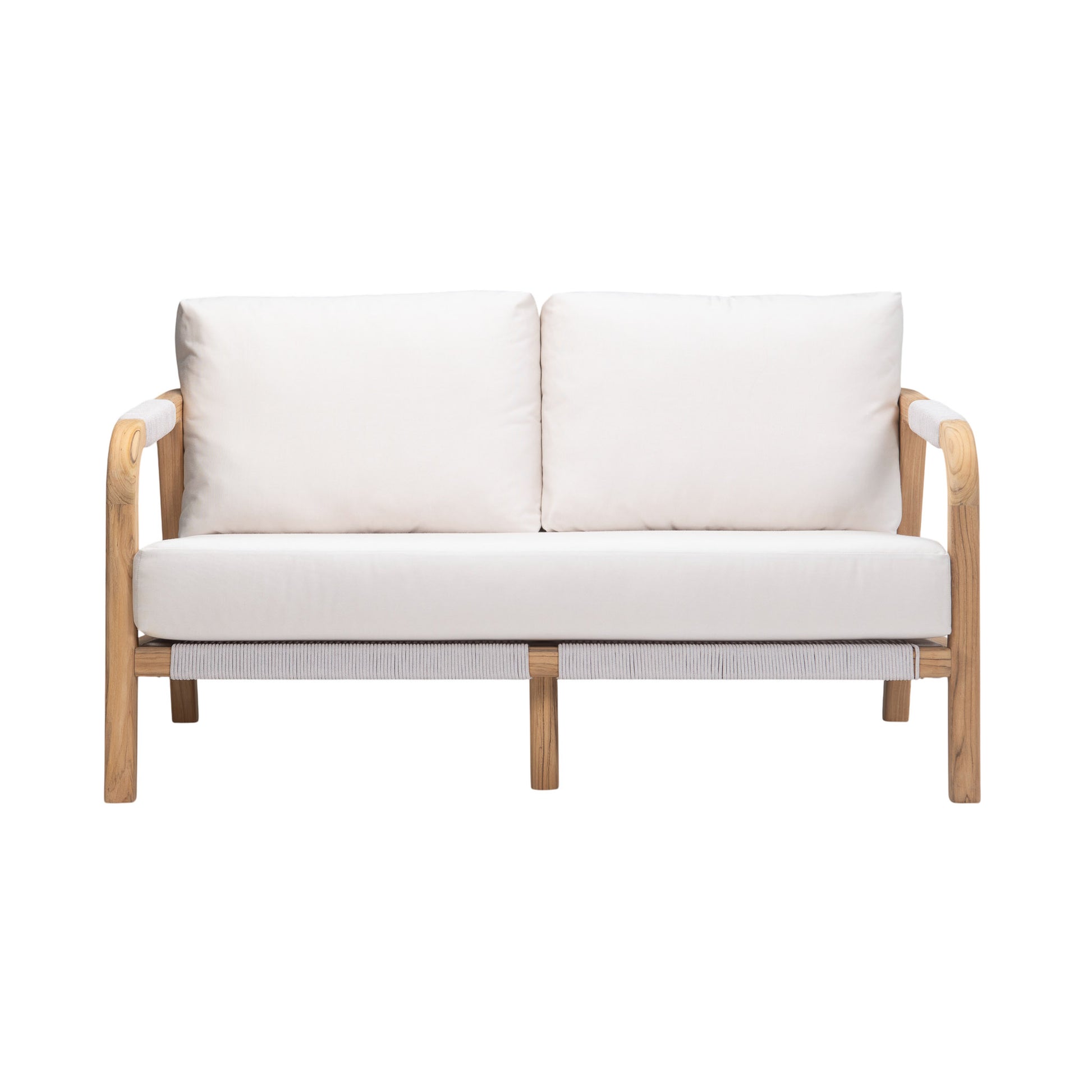 Matira teak outdoor 2 seater sofa. Front view.