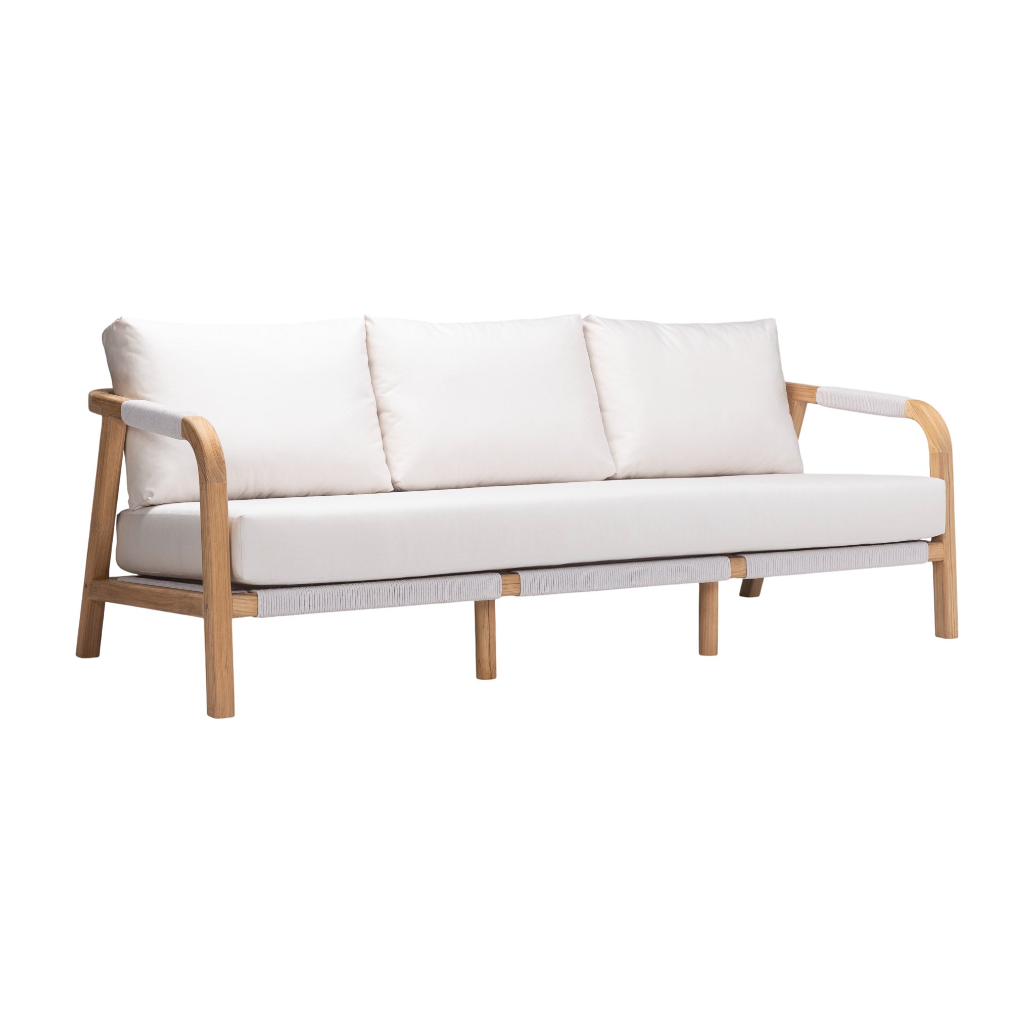 Angled front view of Matira Teak Outdoor 3-Seater Sofa with curved arms and three white cushions