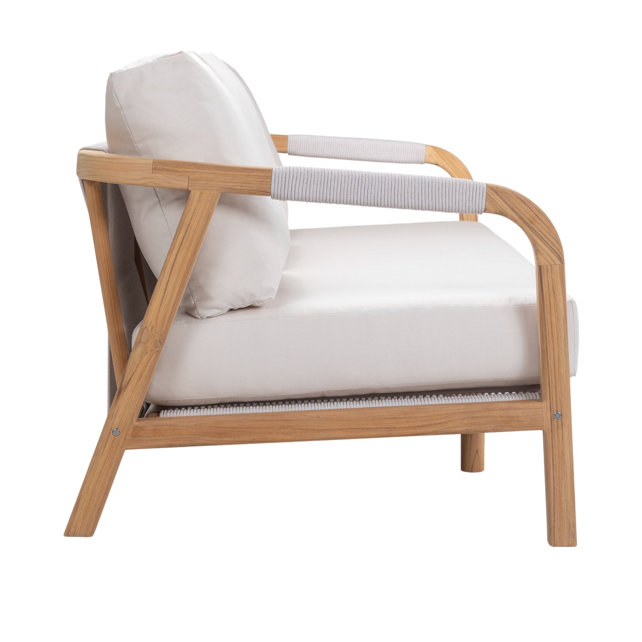 Matira teak outdoor 3-seater sofa. Side view.