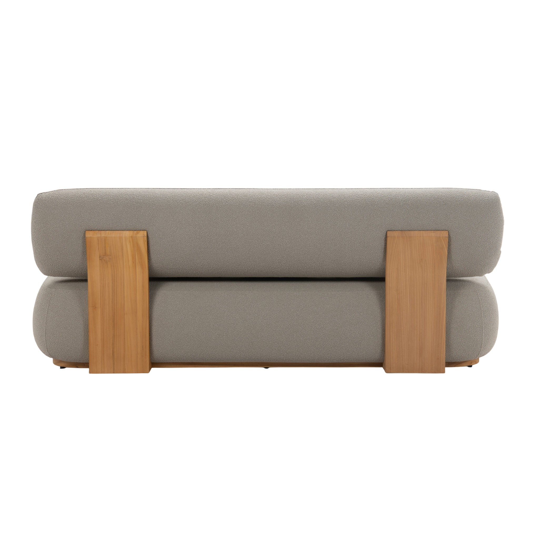 Rear view of Menton teak 3-seater sofa with teak wood frame and deep plush seating and back rest. 