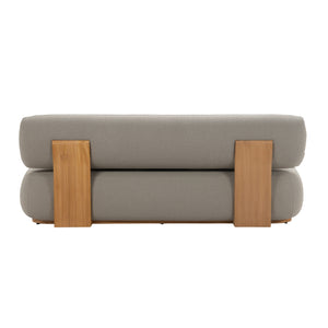 Rear view of Menton teak 3-seater sofa with teak wood frame and deep plush seating and back rest. 