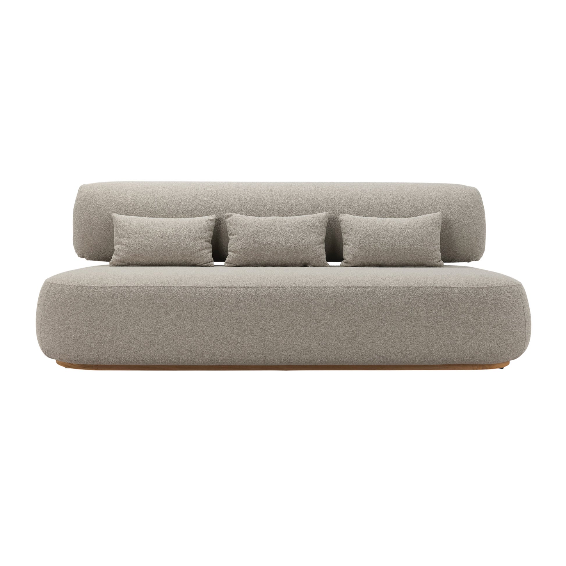 Menton teak 3-seater sofa with teak wood frame and deep plush seating and back rest. With three pillow cushions. Front view.