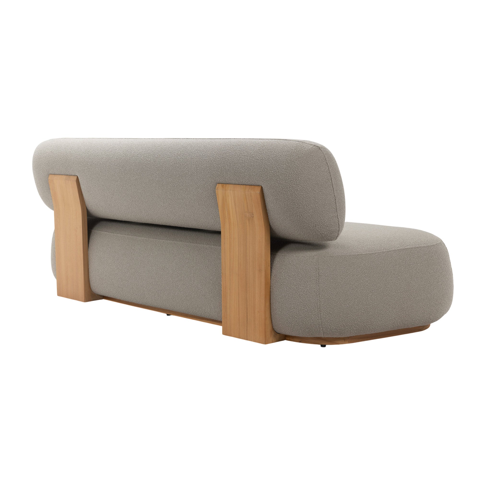 Menton teak 3-seater sofa with teak wood frame and deep plush seating and back rest. With three pillow cushions. Rear angle view.