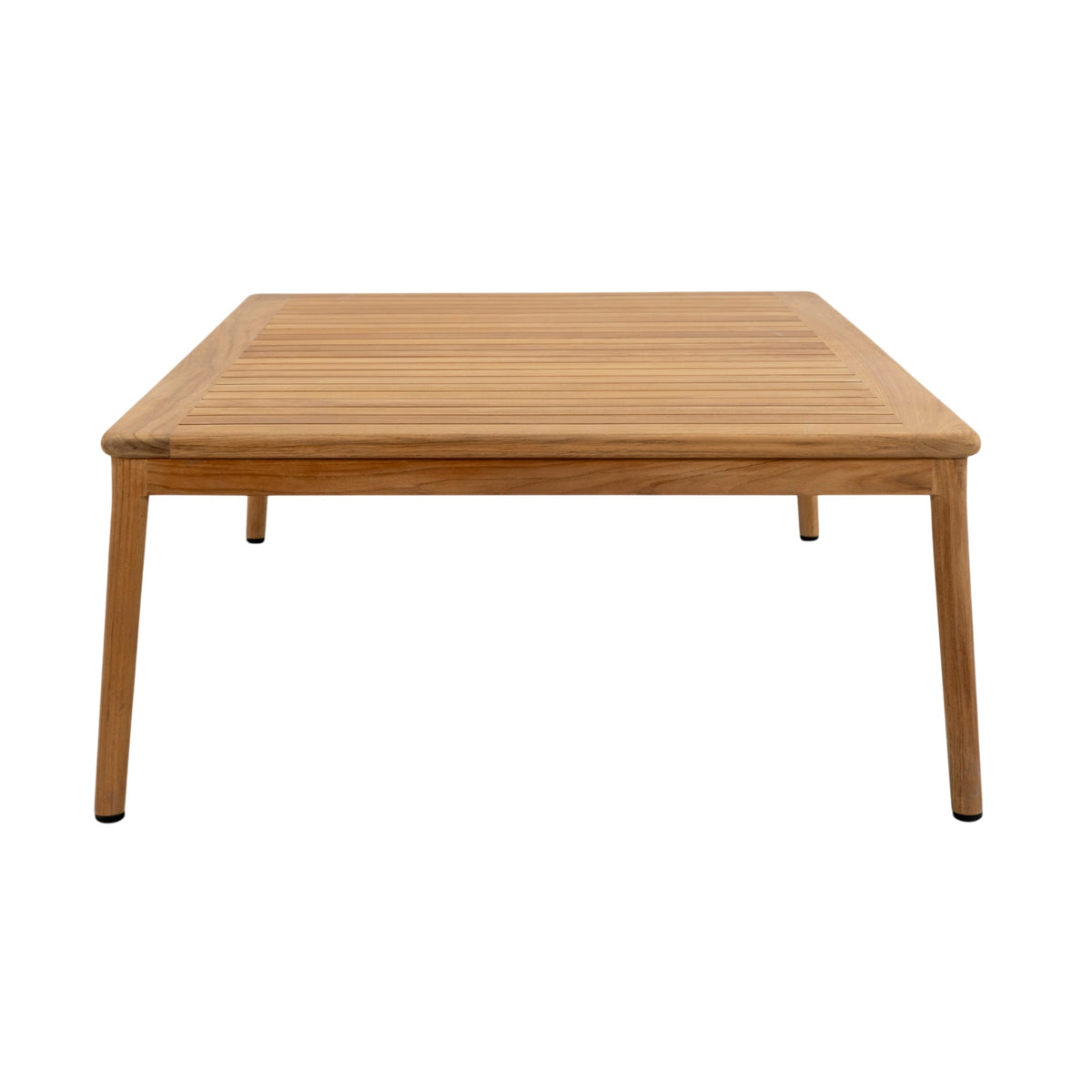 End view of Miami outdoor coffee table showing teak tabletop, rounded corners and tapered legs
