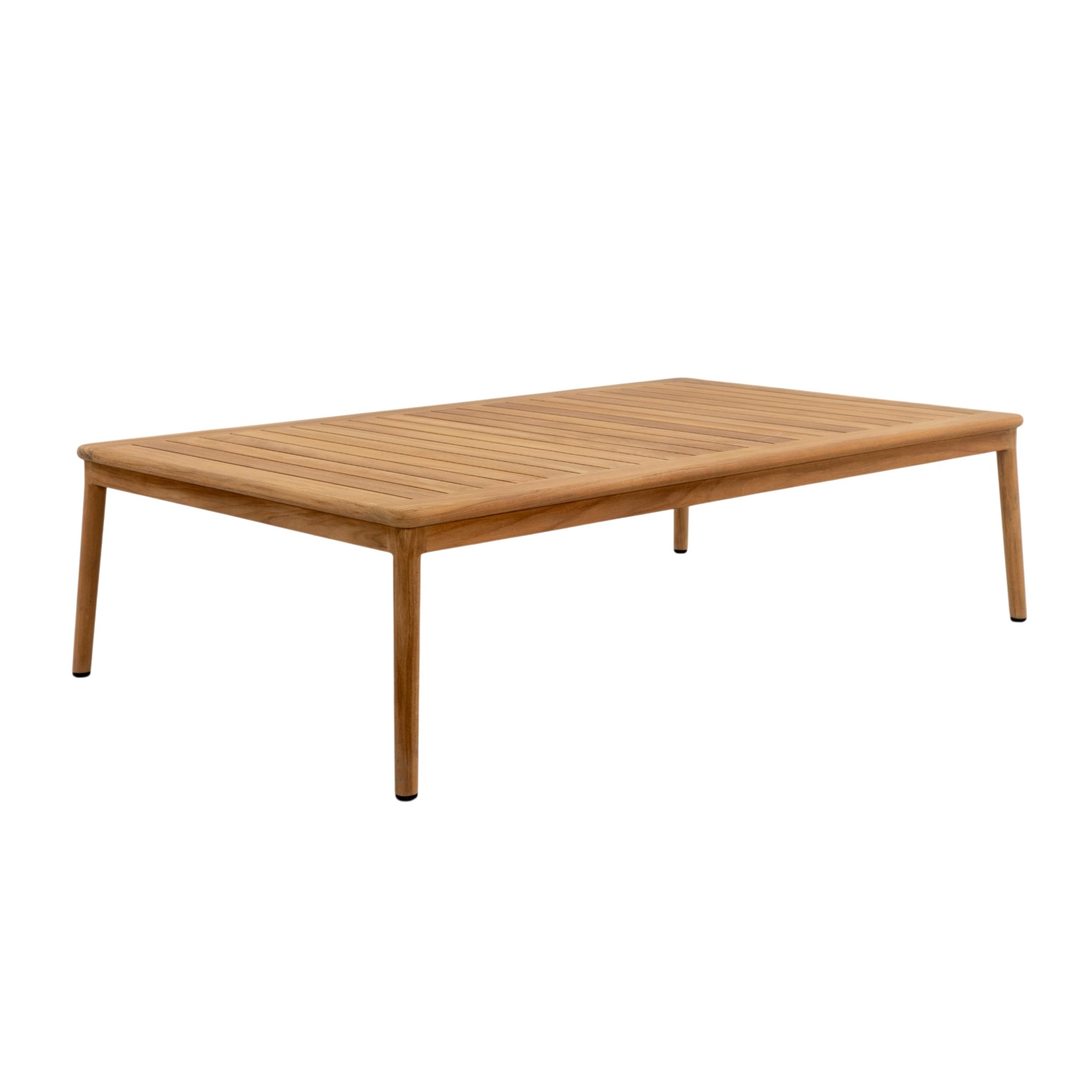 Miami teak outdoor coffee table with rectangular slatted tabletop, rounded edges and tapered timber legs
