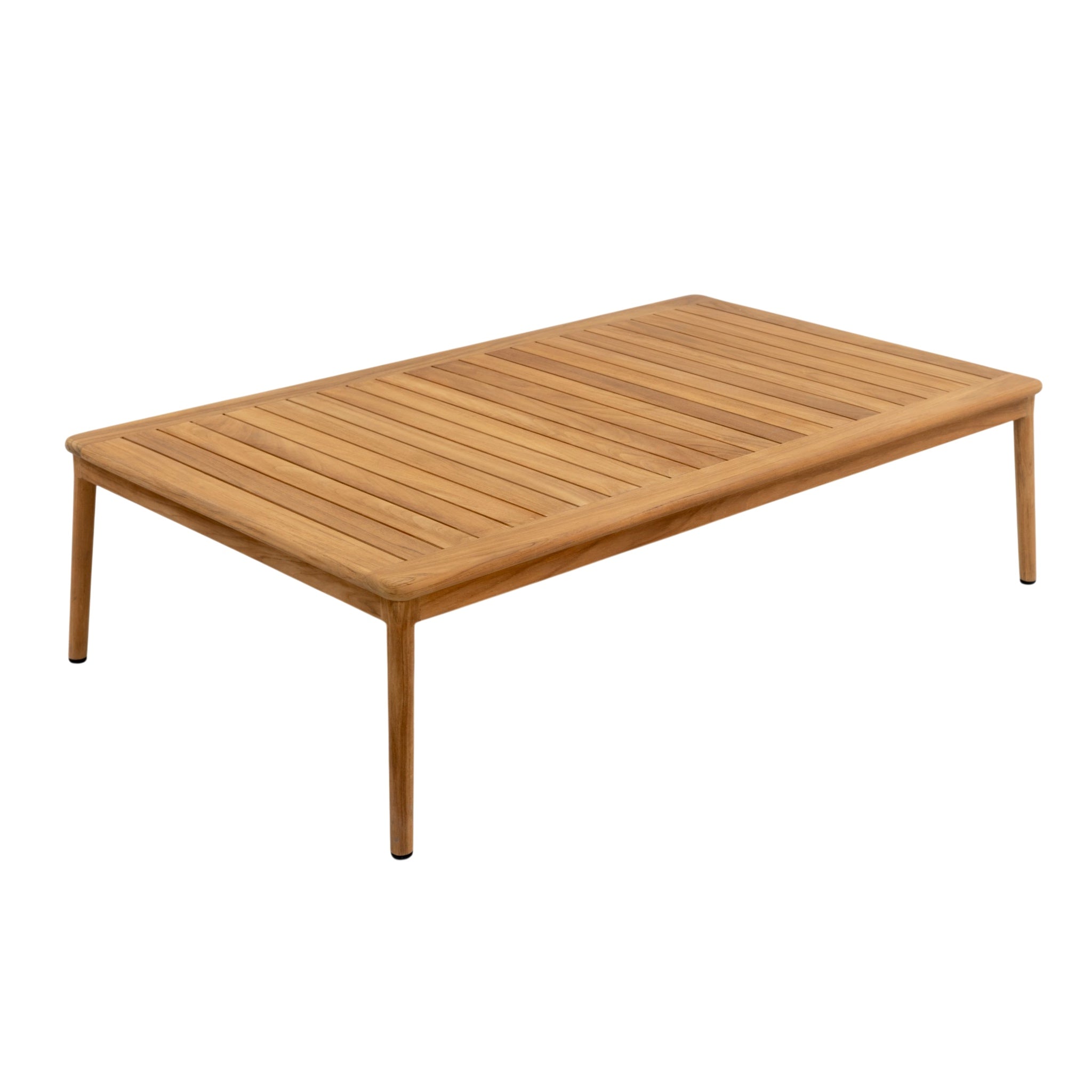 Elevated view of Miami teak coffee table showing rectangular slatted tabletop and natural timber finish