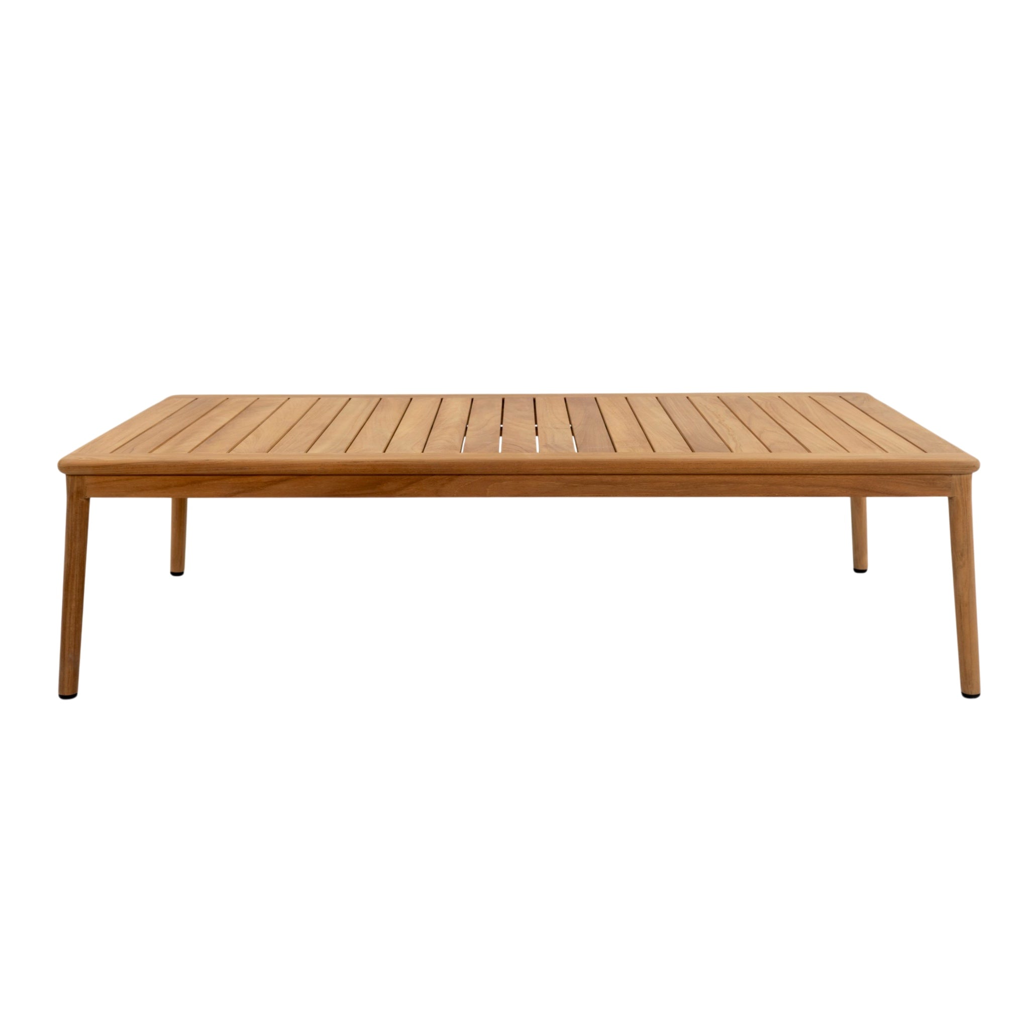 Front view of Miami outdoor teak coffee table showing slatted tabletop and slender timber legs