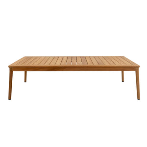 Front view of Miami outdoor teak coffee table showing slatted tabletop and slender timber legs