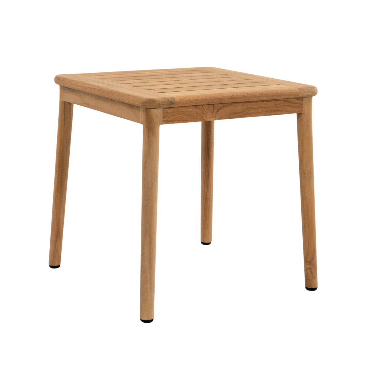 Miami teak outdoor side table with square slatted tabletop, rounded edges and four tapered timber legs