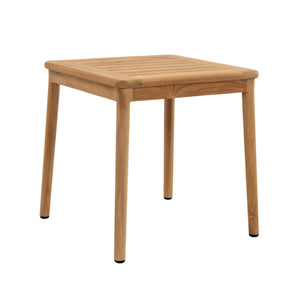 Miami teak outdoor side table with square slatted tabletop, rounded edges and four tapered timber legs
