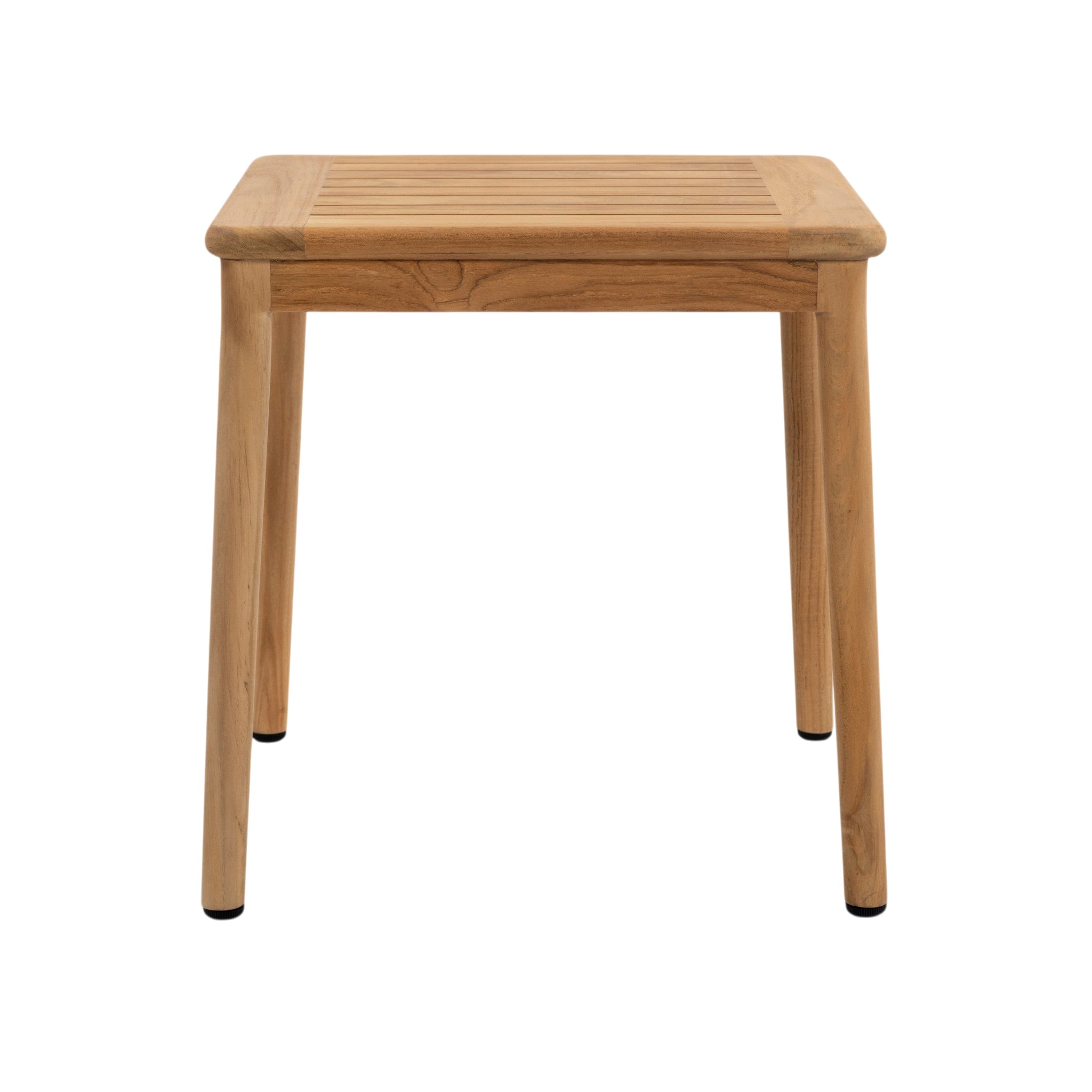 Front view of Miami teak outdoor side table showing square slatted top and slender timber legs