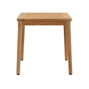 Front view of Miami teak outdoor side table showing square slatted top and slender timber legs