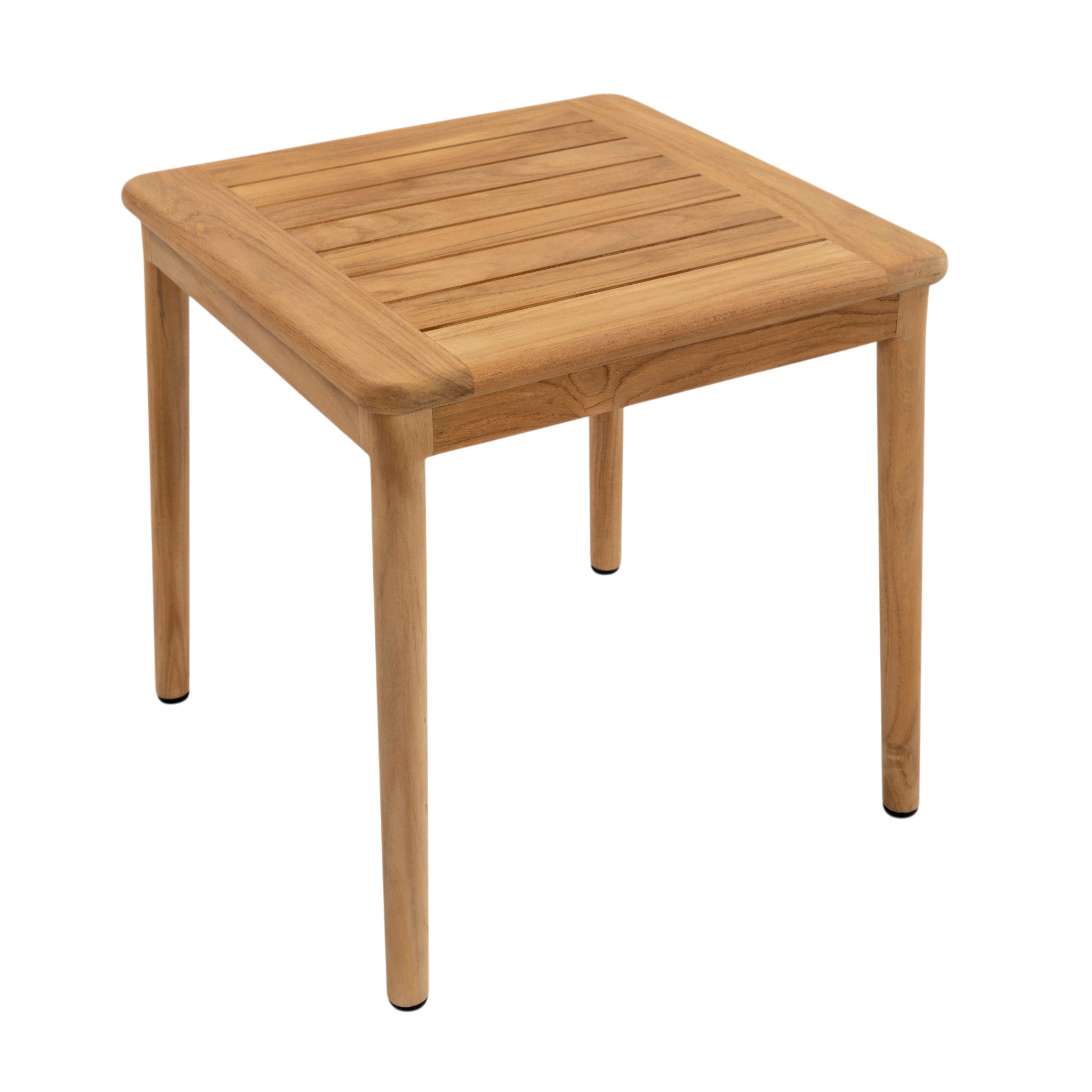 Elevated view of Miami outdoor teak side table showing slatted tabletop, rounded corners and natural teak finish